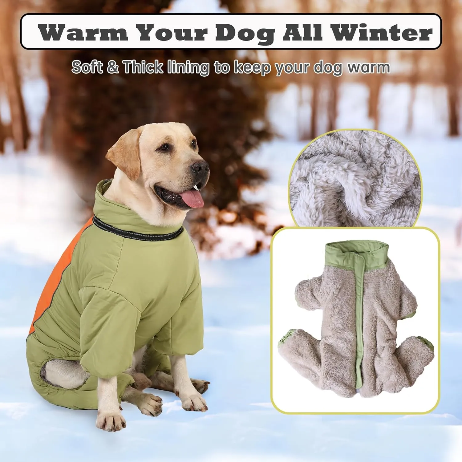 Fullbody Warm Winter Coat for Dogs, Zip Up Reflective Fleece Lined Dog Jacket, Windproof Waterproof Dog Snowsuit with Harness, LightGreen,10