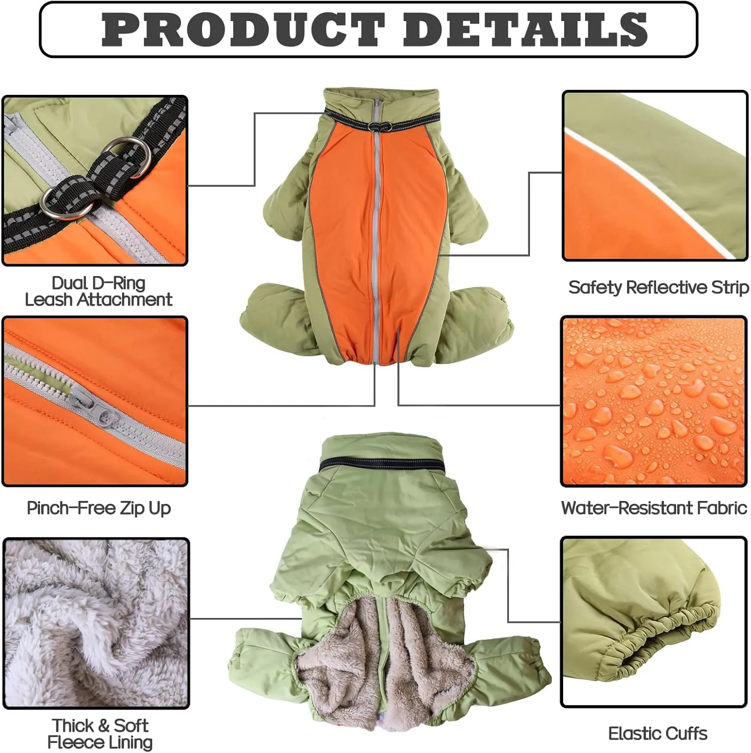 Fullbody Warm Winter Coat for Dogs, Zip Up Reflective Fleece Lined Dog Jacket, Windproof Waterproof Dog Snowsuit with Harness, LightGreen,10