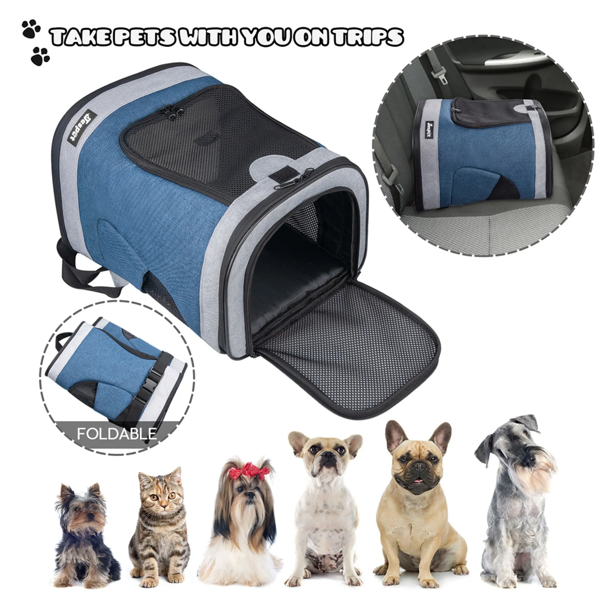 GOOPAWS Pet Soft Backpack Carrier for Small Dog Cat, Blue Grey, 13''