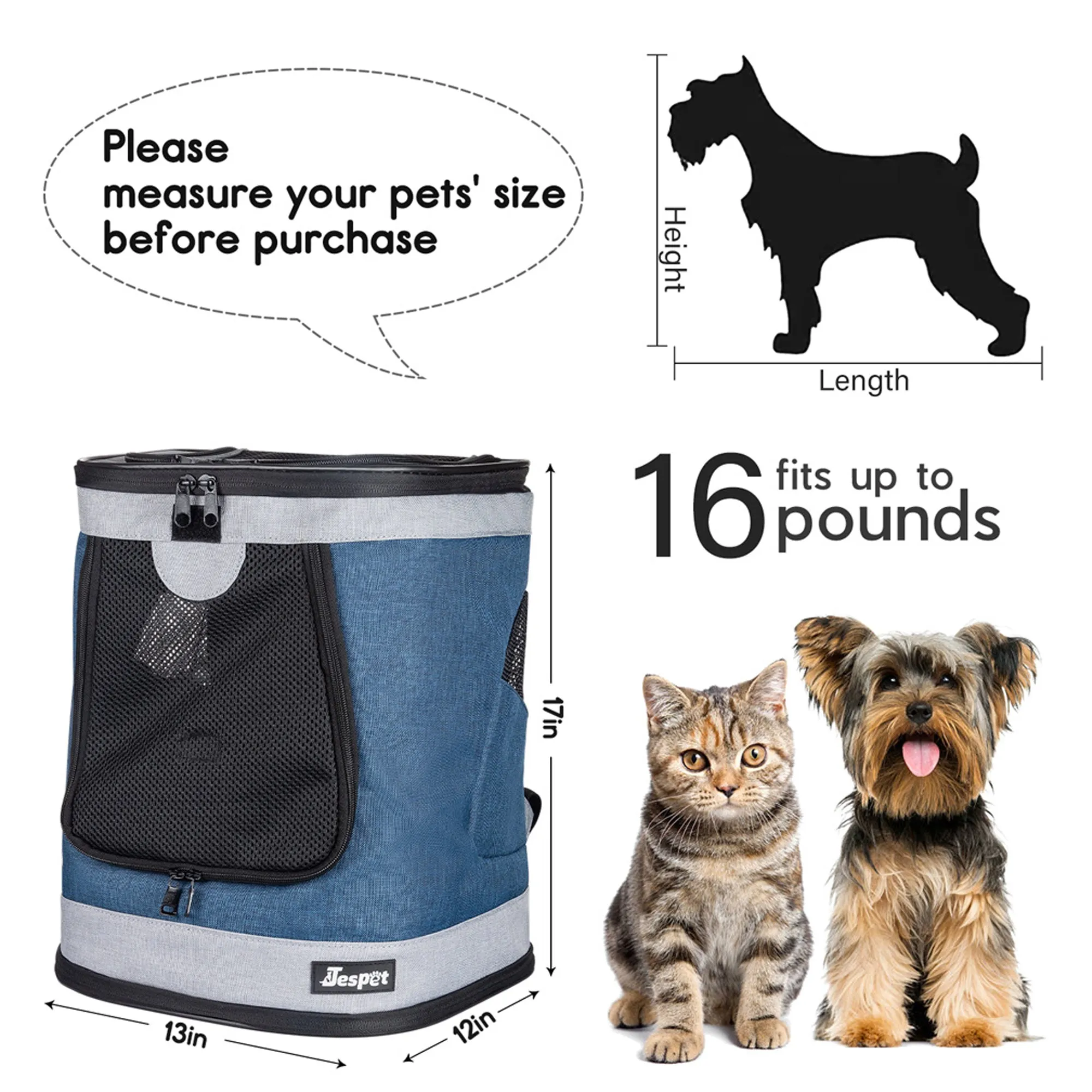 GOOPAWS Pet Soft Backpack Carrier for Small Dog Cat, Blue Grey, 13''