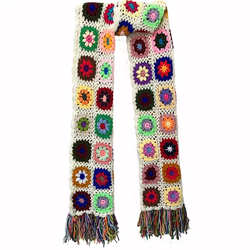 Granny Squares Scarf 4 Different Colors You Choose Multi Black White Or Gray Handmade Hand Knitted Scarves With Fringe 79" x 10" Hand Made Crochet Winter Christmas Gift