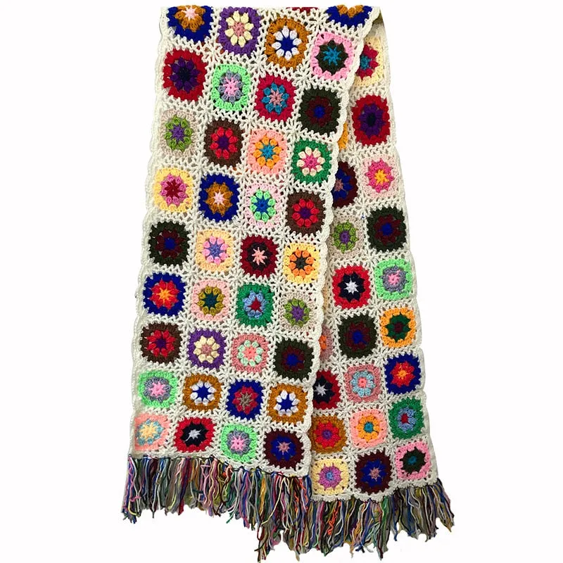 Granny Squares Scarf 4 Different Colors You Choose Multi Black White Or Gray Handmade Hand Knitted Scarves With Fringe 79" x 10" Hand Made Crochet Winter Christmas Gift