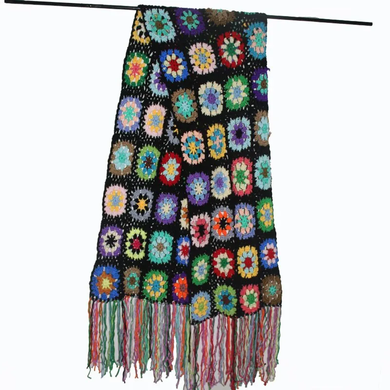 Granny Squares Scarf 4 Different Colors You Choose Multi Black White Or Gray Handmade Hand Knitted Scarves With Fringe 79" x 10" Hand Made Crochet Winter Christmas Gift