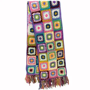 Granny Squares Scarf 4 Different Colors You Choose Multi Black White Or Gray Handmade Hand Knitted Scarves With Fringe 79" x 10" Hand Made Crochet Winter Christmas Gift