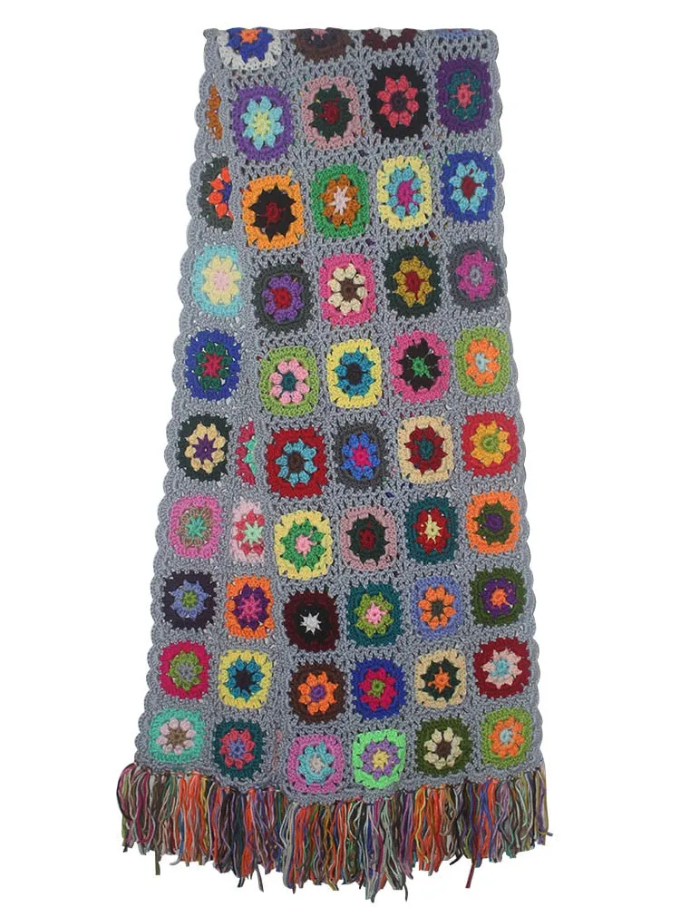 Granny Squares Scarf 4 Different Colors You Choose Multi Black White Or Gray Handmade Hand Knitted Scarves With Fringe 79" x 10" Hand Made Crochet Winter Christmas Gift