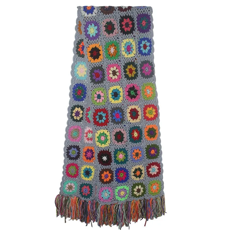 Granny Squares Scarf 4 Different Colors You Choose Multi Black White Or Gray Handmade Hand Knitted Scarves With Fringe 79" x 10" Hand Made Crochet Winter Christmas Gift
