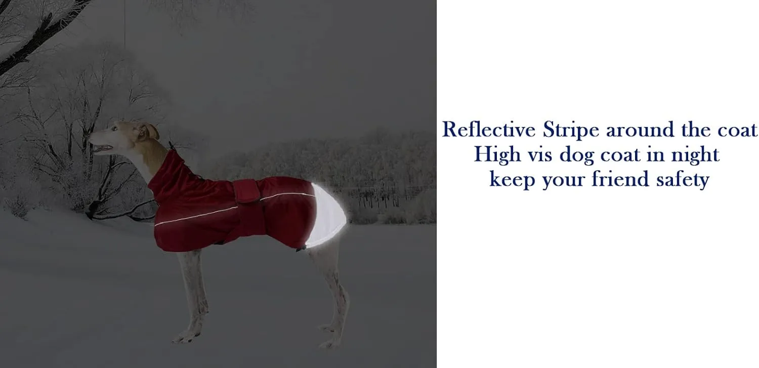 Greyhound Lurcher Winter Coat, Whippet Jacket with Padded Fleece, Water Resistant Dog Snowsuit with Adjustable Bands and High Reflective be Safety - Red - XLarge