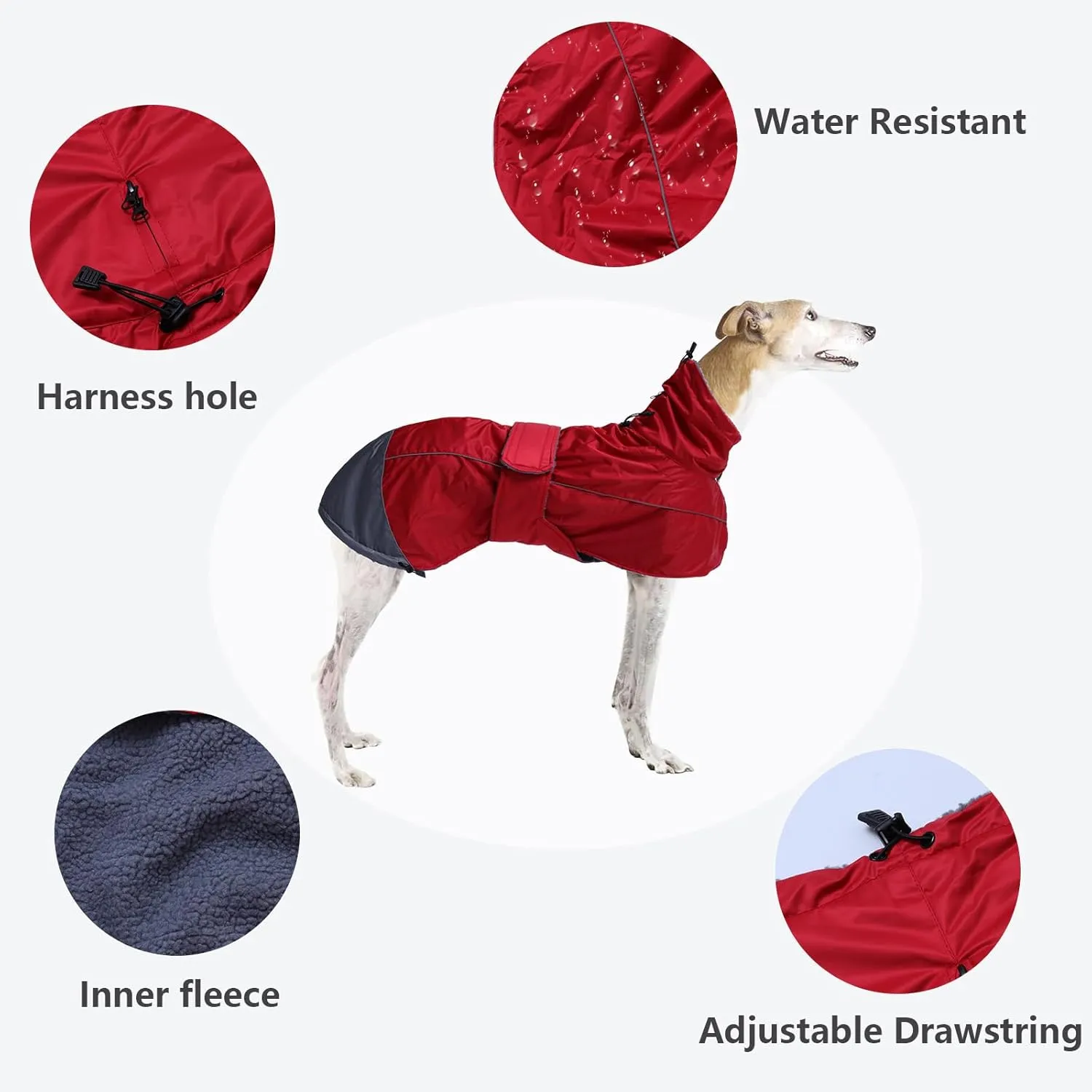 Greyhound Lurcher Winter Coat, Whippet Jacket with Padded Fleece, Water Resistant Dog Snowsuit with Adjustable Bands and High Reflective be Safety - Red - XLarge