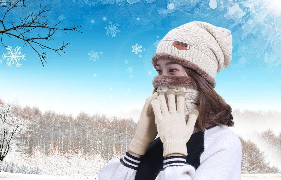 HINDAWI Winter Hat Scarf Gloves Slouchy Beanie Snow Knit Skull Cap Touch Screen Mittens Circle Scarves for Women Men