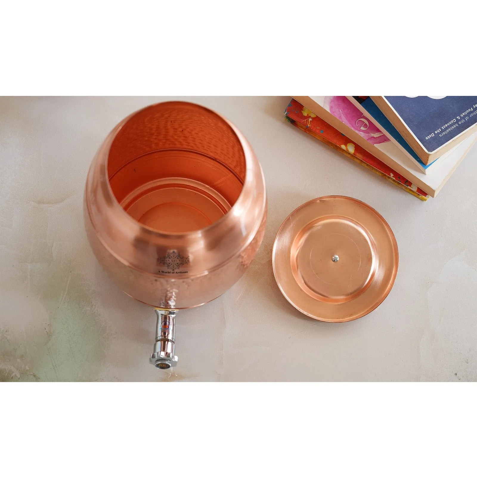 Indian Art Villa Pure Copper Water Dispenser 5 Litre, Copper Matka Pot with Half Lacquer and Half Hammered, Ayurvedic Water Storage Container