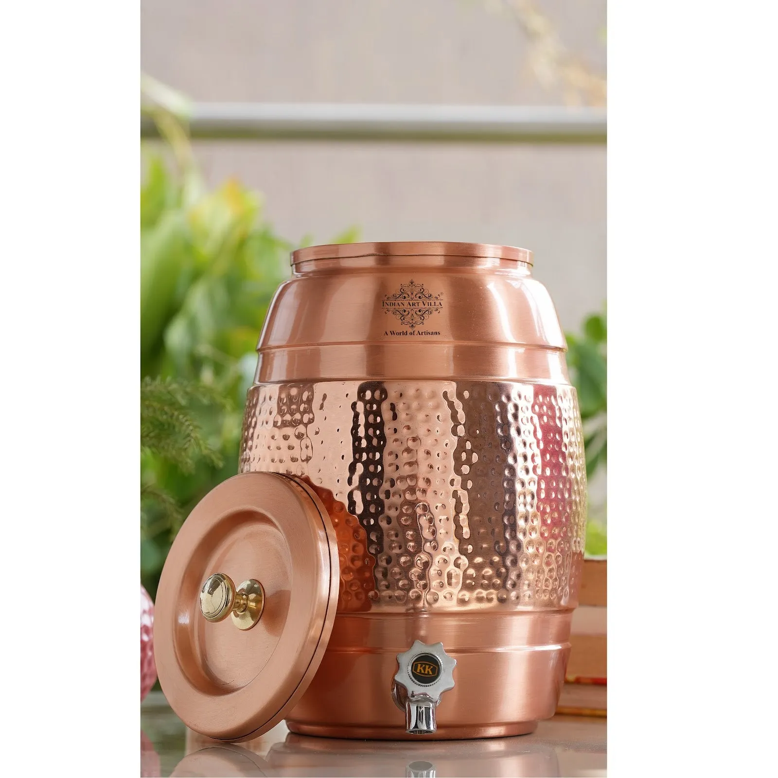 Indian Art Villa Pure Copper Water Dispenser 5 Litre, Copper Matka Pot with Half Lacquer and Half Hammered, Ayurvedic Water Storage Container