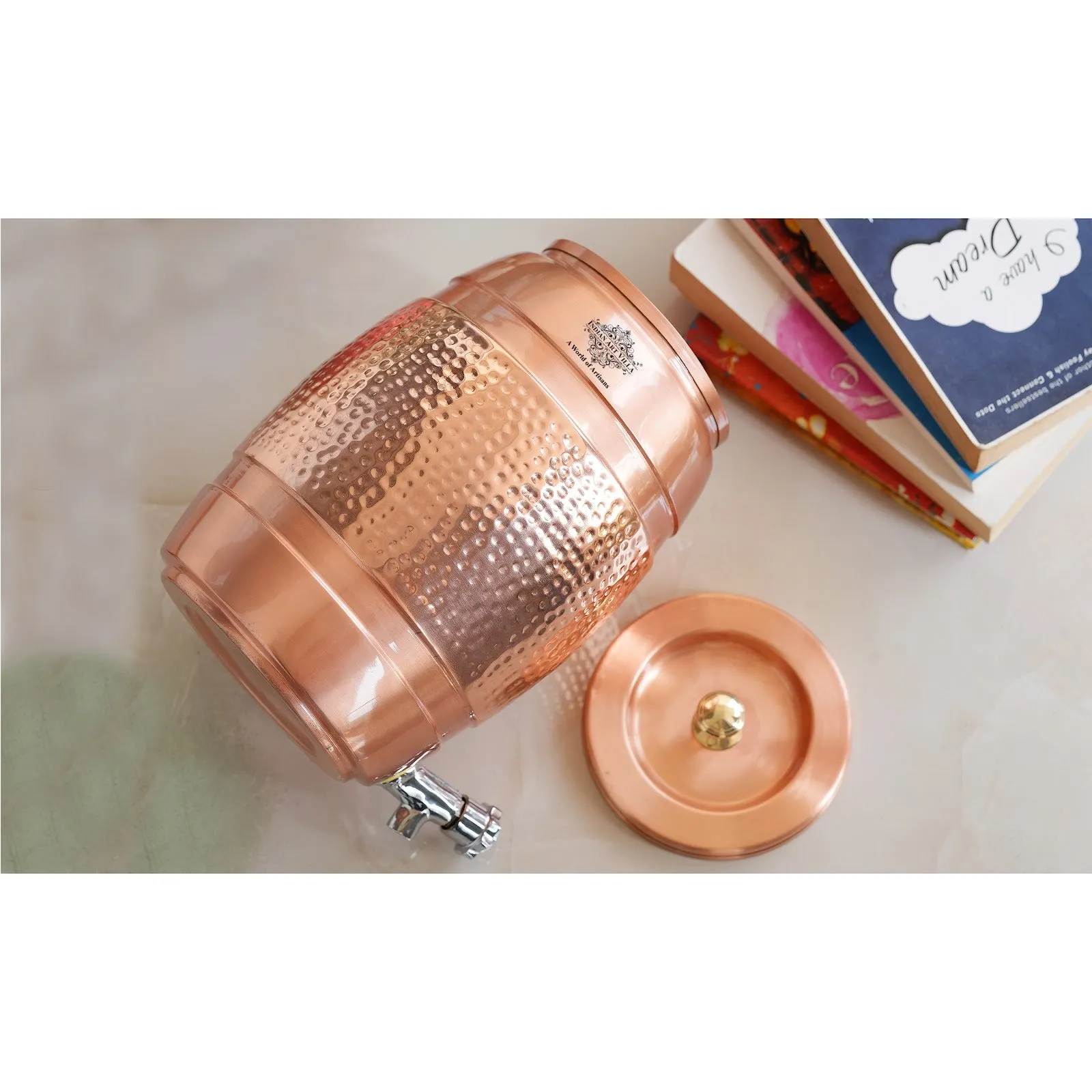 Indian Art Villa Pure Copper Water Dispenser 5 Litre, Copper Matka Pot with Half Lacquer and Half Hammered, Ayurvedic Water Storage Container