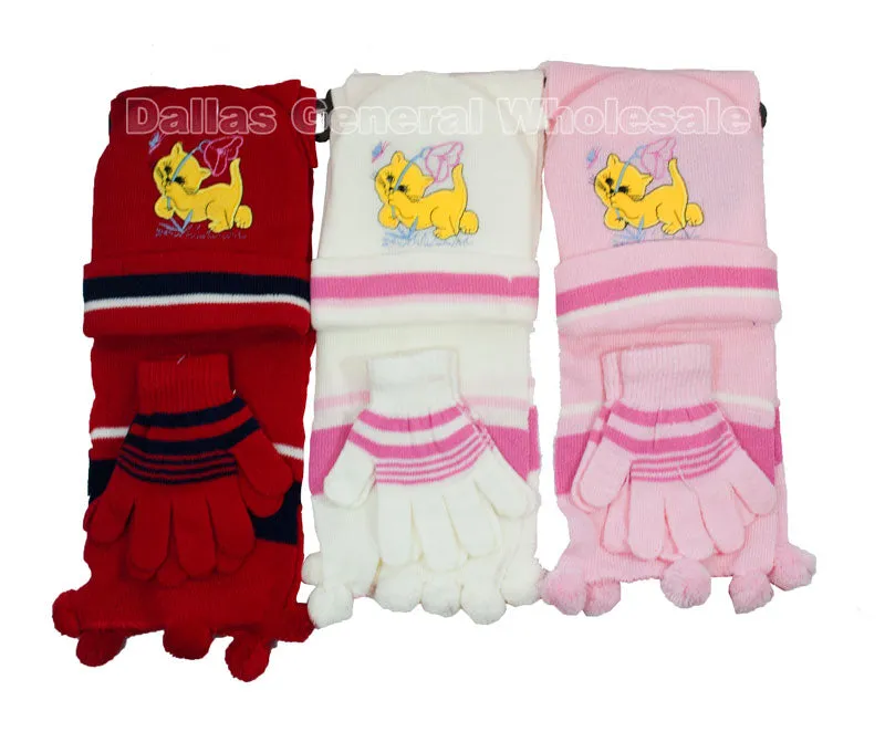 Little Girls 3 Pieces Cat Beanie Hat & Gloves & Scarf Set Wholesale
