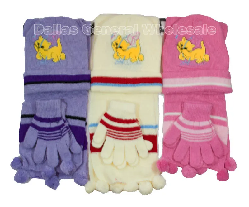Little Girls 3 Pieces Cat Beanie Hat & Gloves & Scarf Set Wholesale