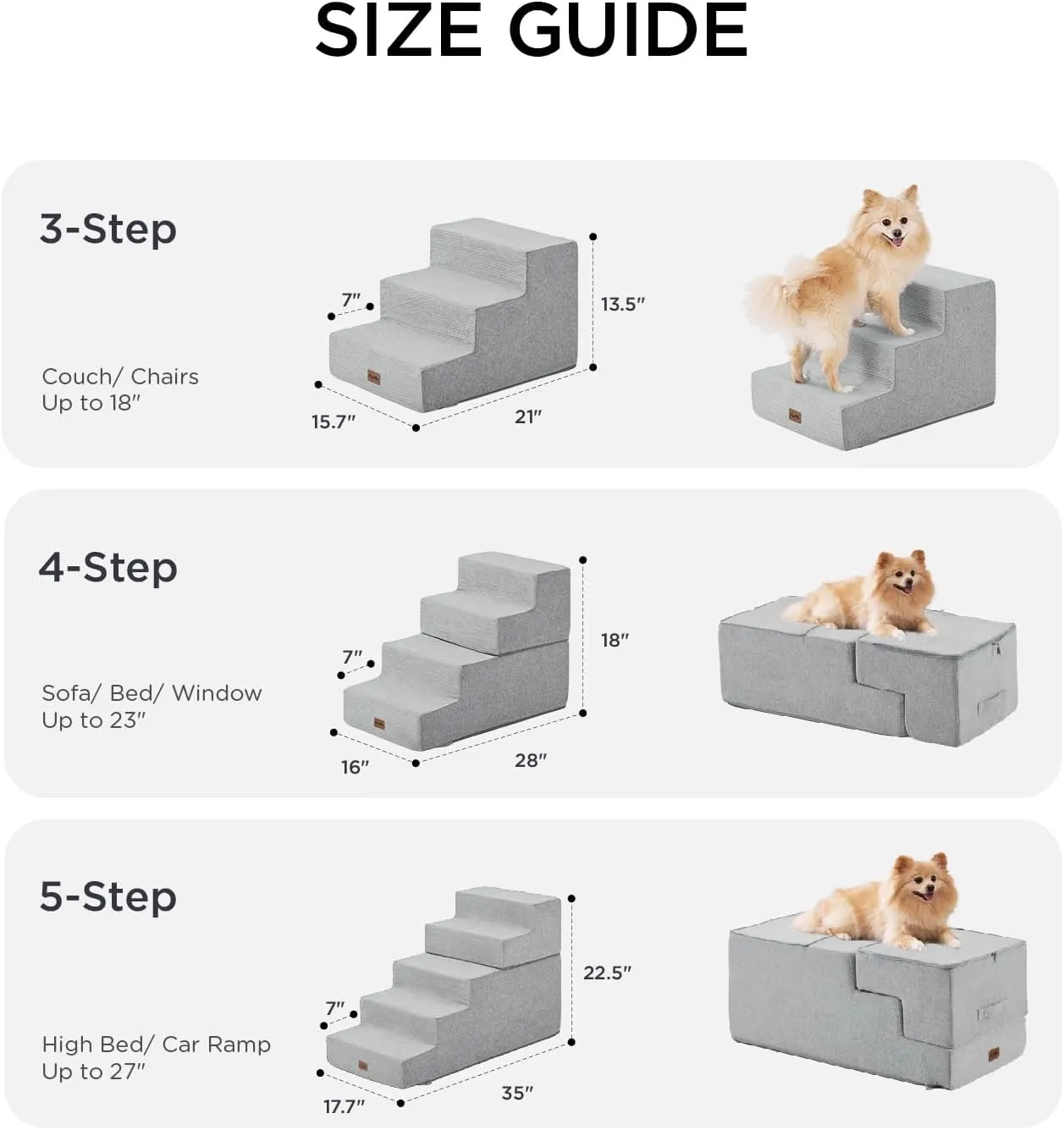 Made4Pets Dog Stairs for High Bed, Extra Wide Pet Stairs for Bed Couch Sofa, 35D Foam Pet Steps for Small Dogs and Cats, Non-Slip Bottom Dog Steps, Light Grey, 5 Steps
