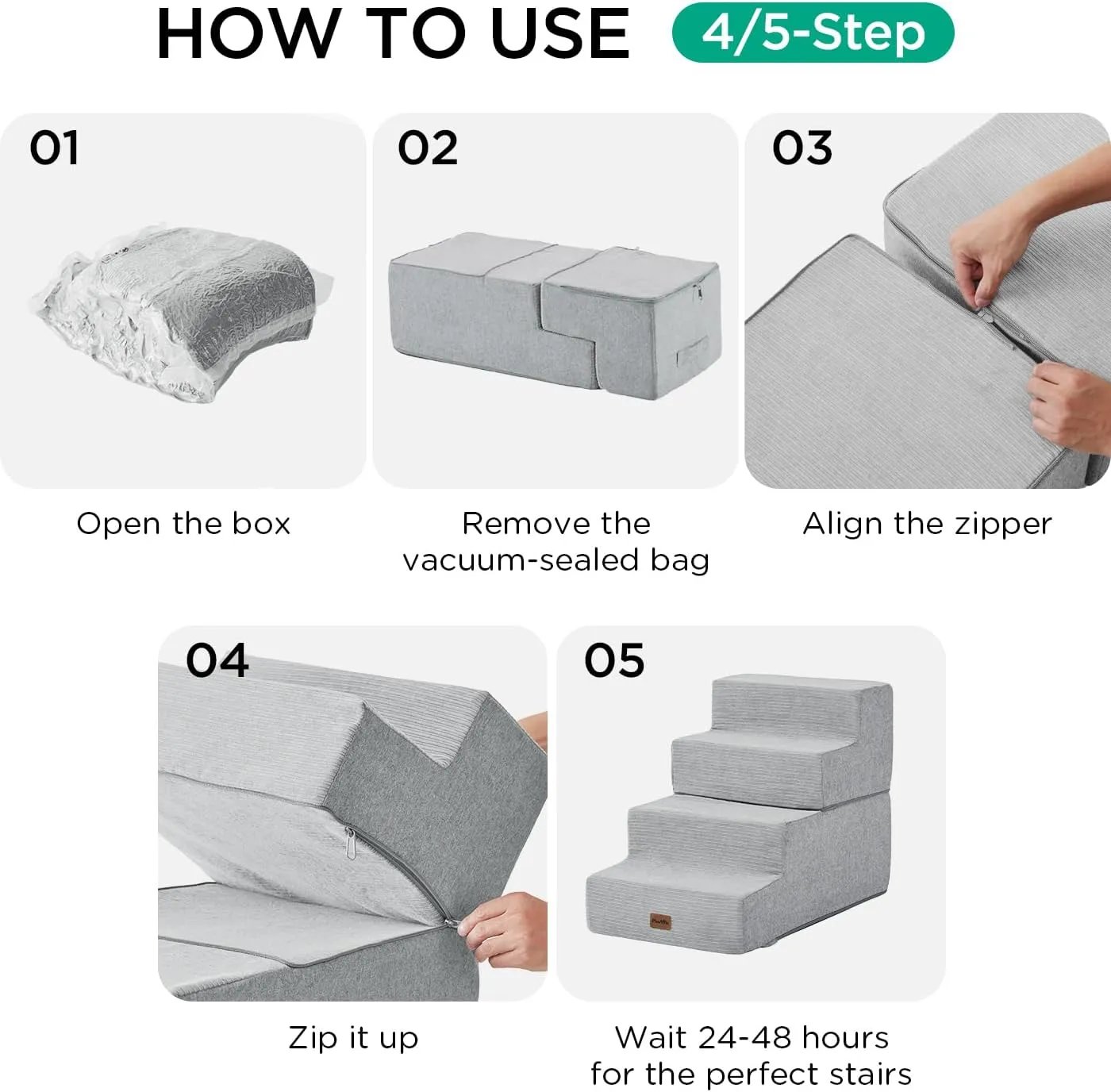 Made4Pets Dog Stairs for High Bed, Extra Wide Pet Stairs for Bed Couch Sofa, 35D Foam Pet Steps for Small Dogs and Cats, Non-Slip Bottom Dog Steps, Light Grey, 5 Steps