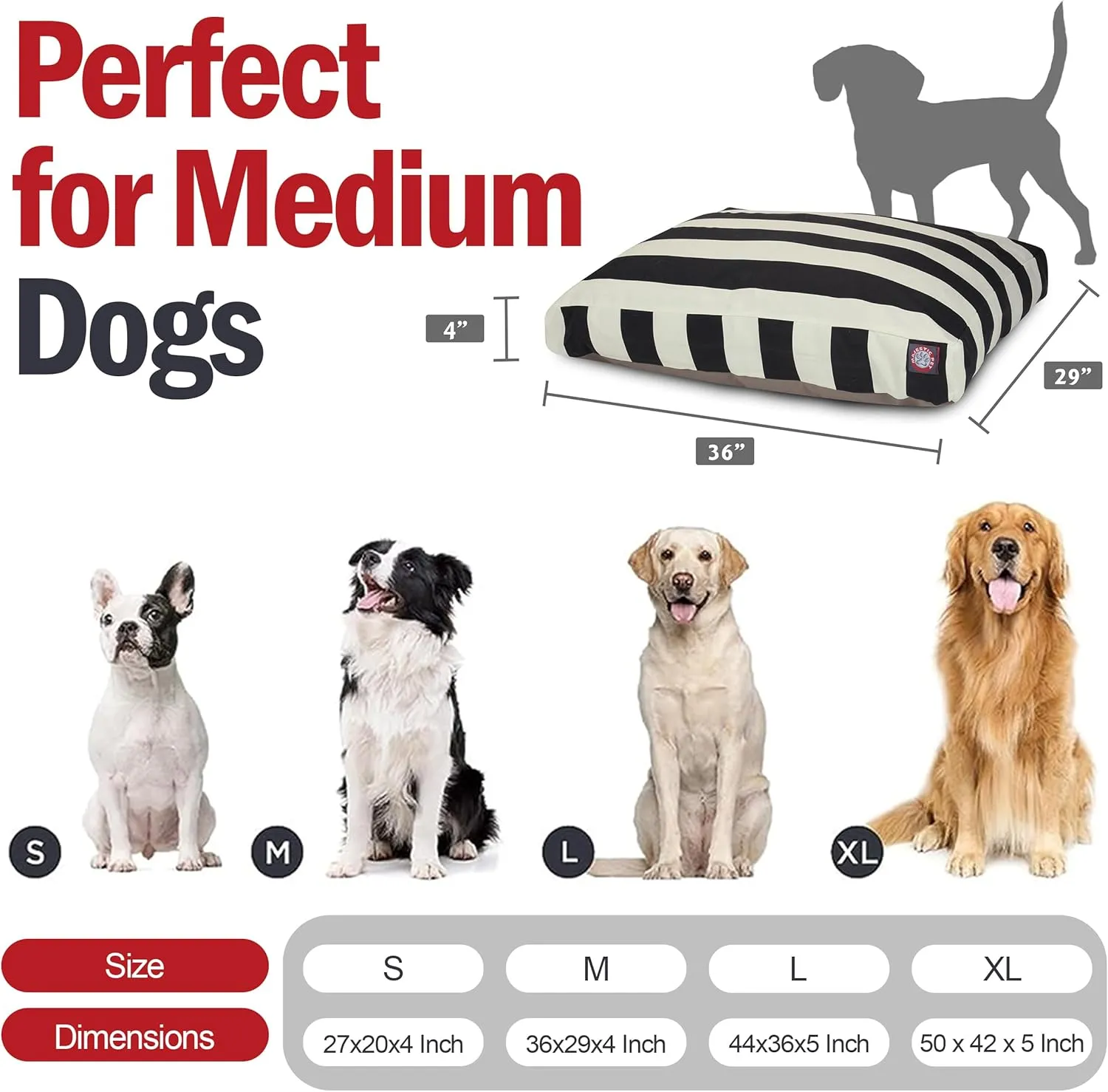 Majestic Pet Shredded Memory Foam Dog Bed Medium with Removable Washable Cover 35x29x4 Inch - Rectangle Orthopedic Dog Bed for Senior DogsFlat Durable Dogs Crate Bed - Vertical Stripe - Black