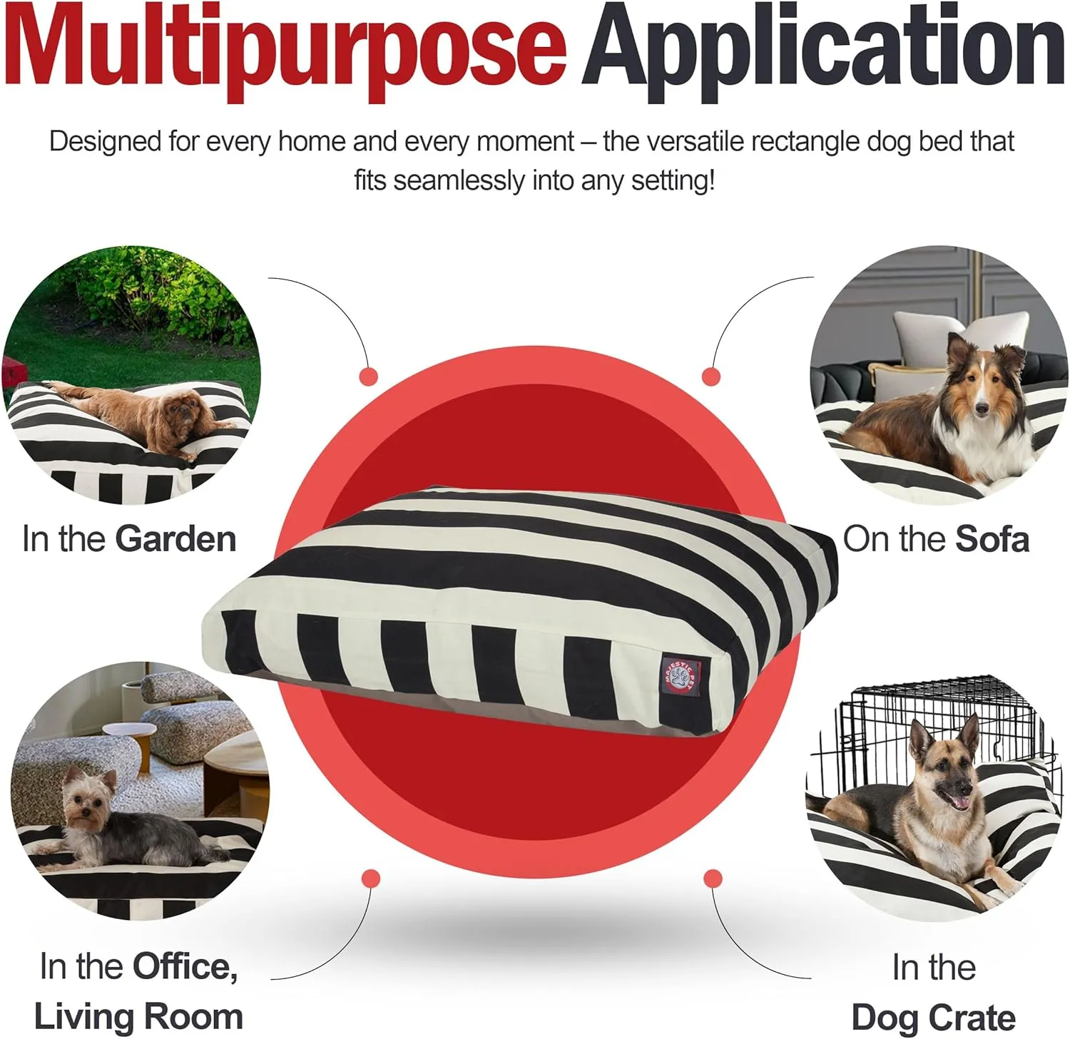 Majestic Pet Shredded Memory Foam Dog Bed Medium with Removable Washable Cover 35x29x4 Inch - Rectangle Orthopedic Dog Bed for Senior DogsFlat Durable Dogs Crate Bed - Vertical Stripe - Black