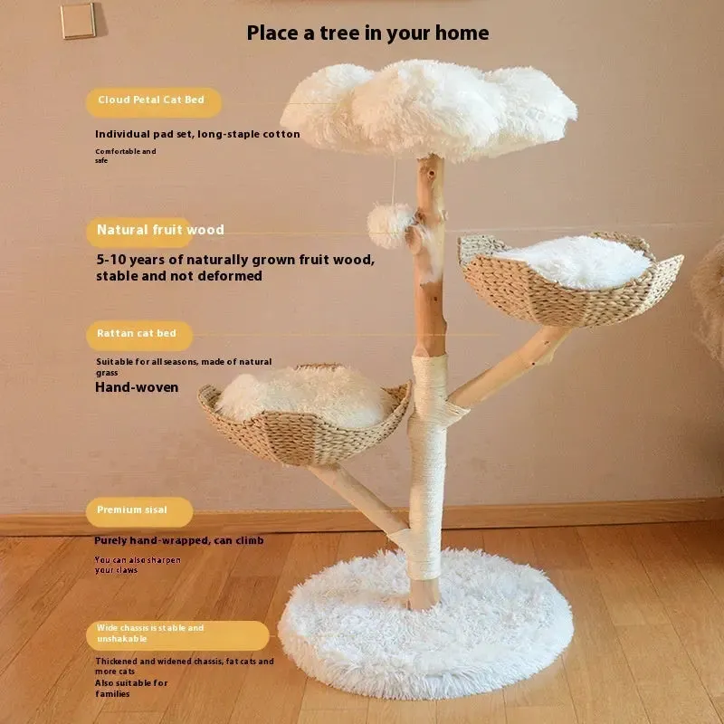 Natural Fruit Tree Cat Climbing Frame Solid Wood Rattan Cat Nest Cat Tree - Fluffy cat bed