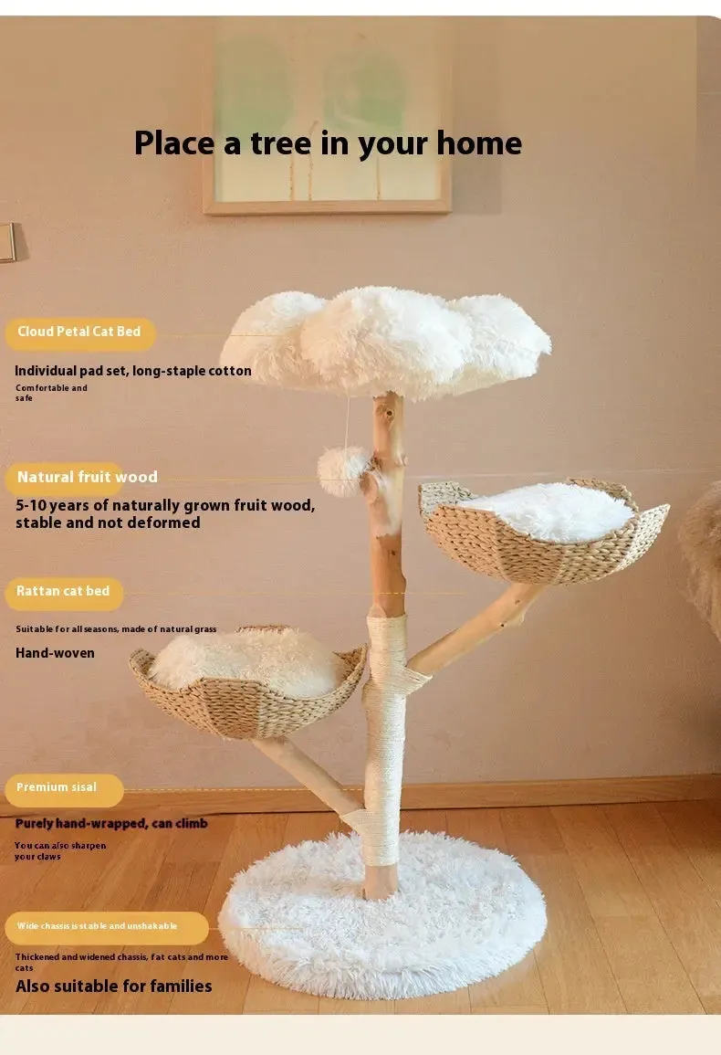 Natural Fruit Tree Cat Climbing Frame Solid Wood Rattan Cat Nest Cat Tree - Fluffy cat bed