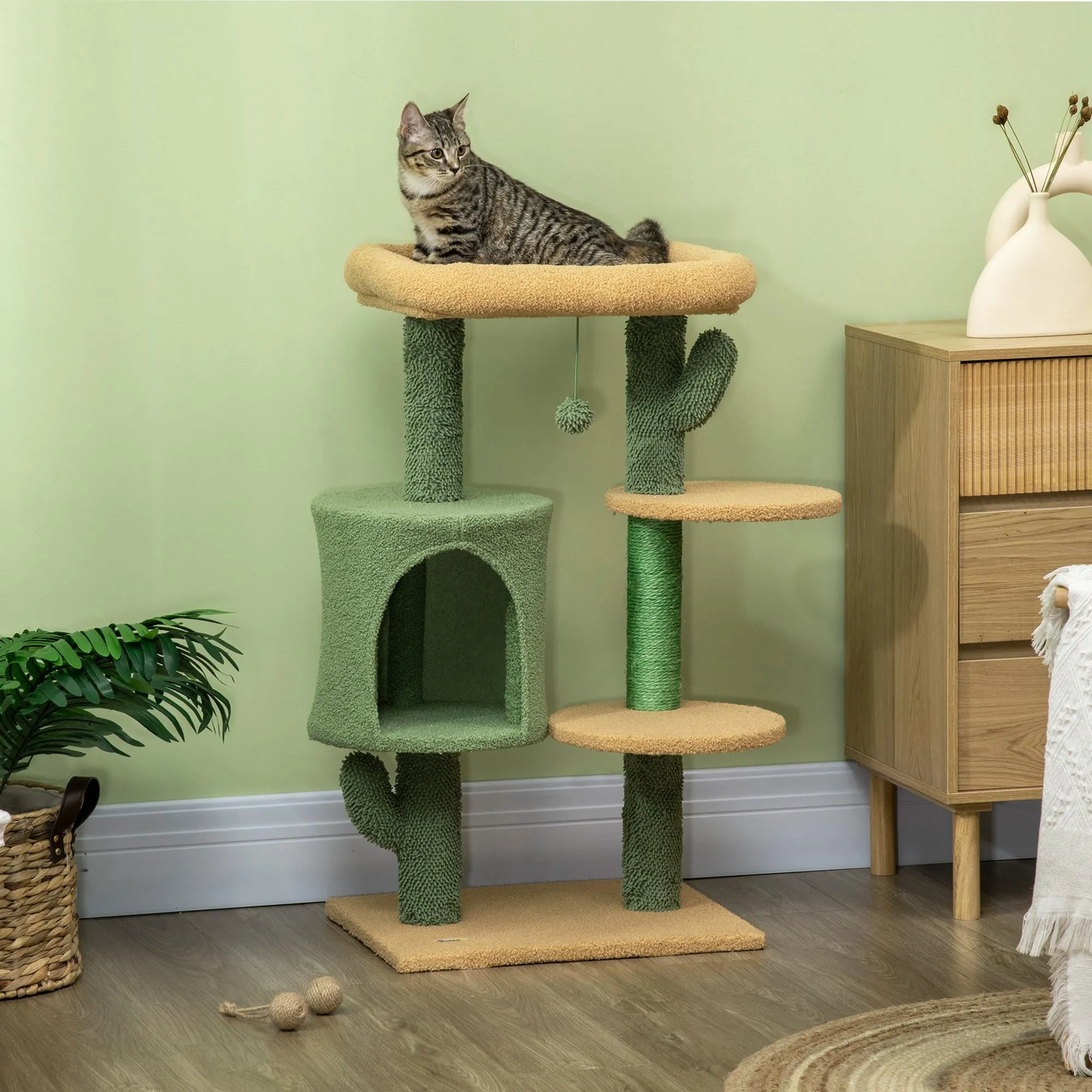 PawHut Multi Level Cat Tree w/ Scratching Post, Cat House and Bed - Green