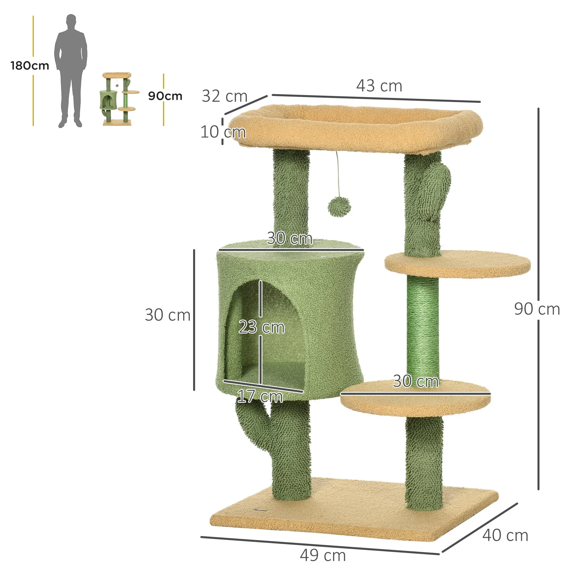 PawHut Multi Level Cat Tree w/ Scratching Post, Cat House and Bed - Green