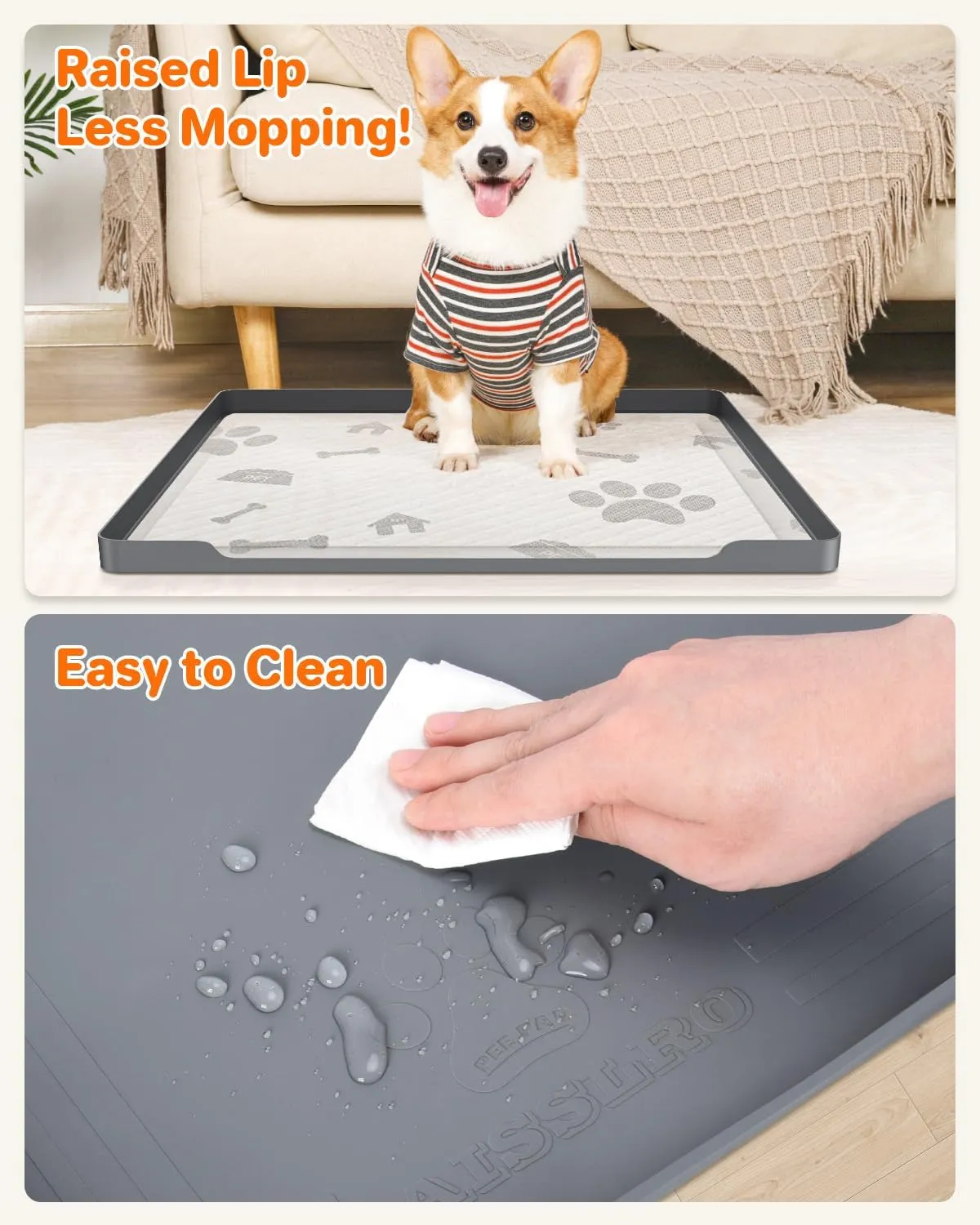Pee Pad Holder for Dogs, 27"X27" Non-Slip Silicone Mat & Leak-Proof Dog Potty Tray for Floor Protection, Puppy Potty Training Pad Tray, Khaki