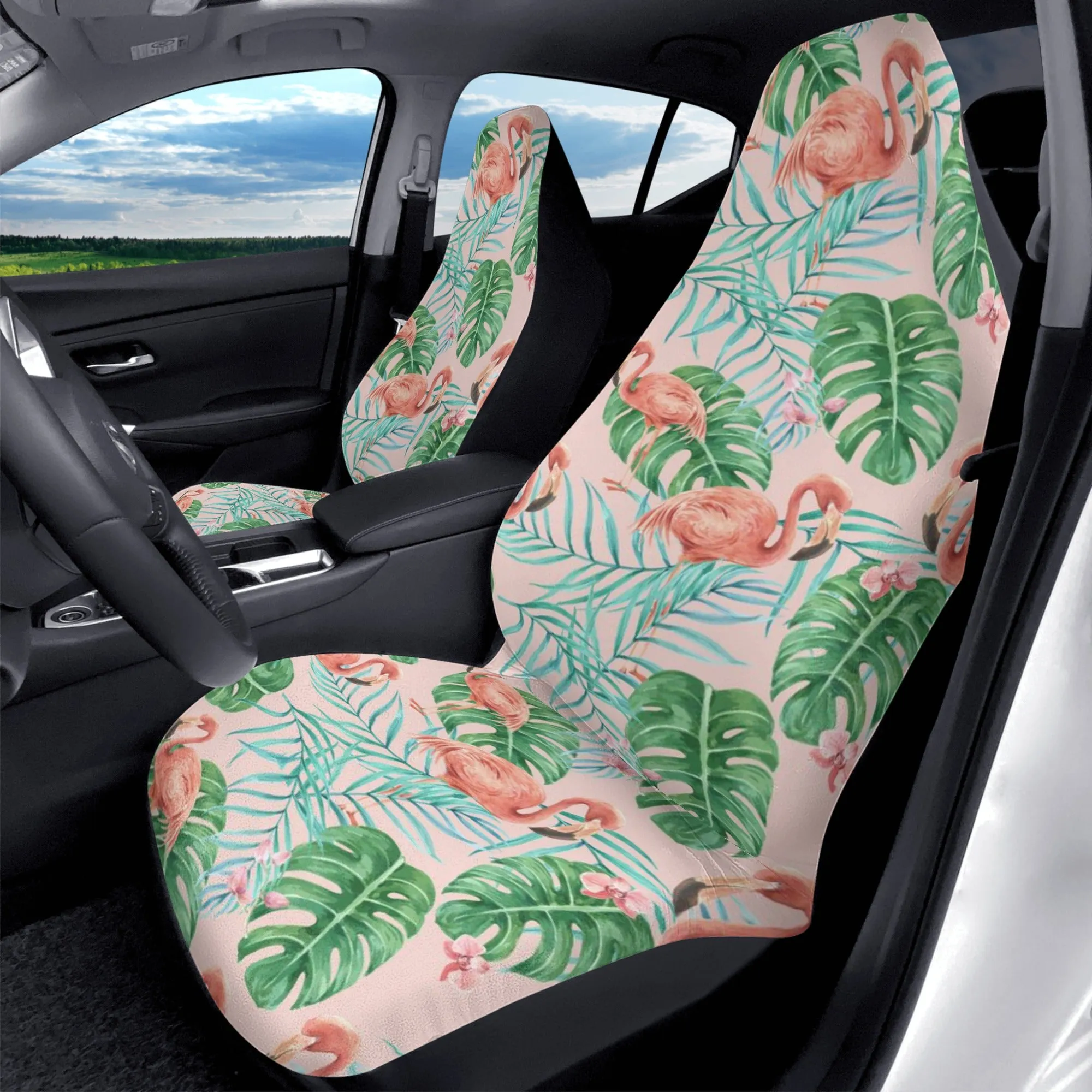 Pink Flamingo Car Seat Covers (2 pcs), Tropical Green Pattern Cute Front Seat Dog Vehicle SUV Universal Protector Accessory Men Women