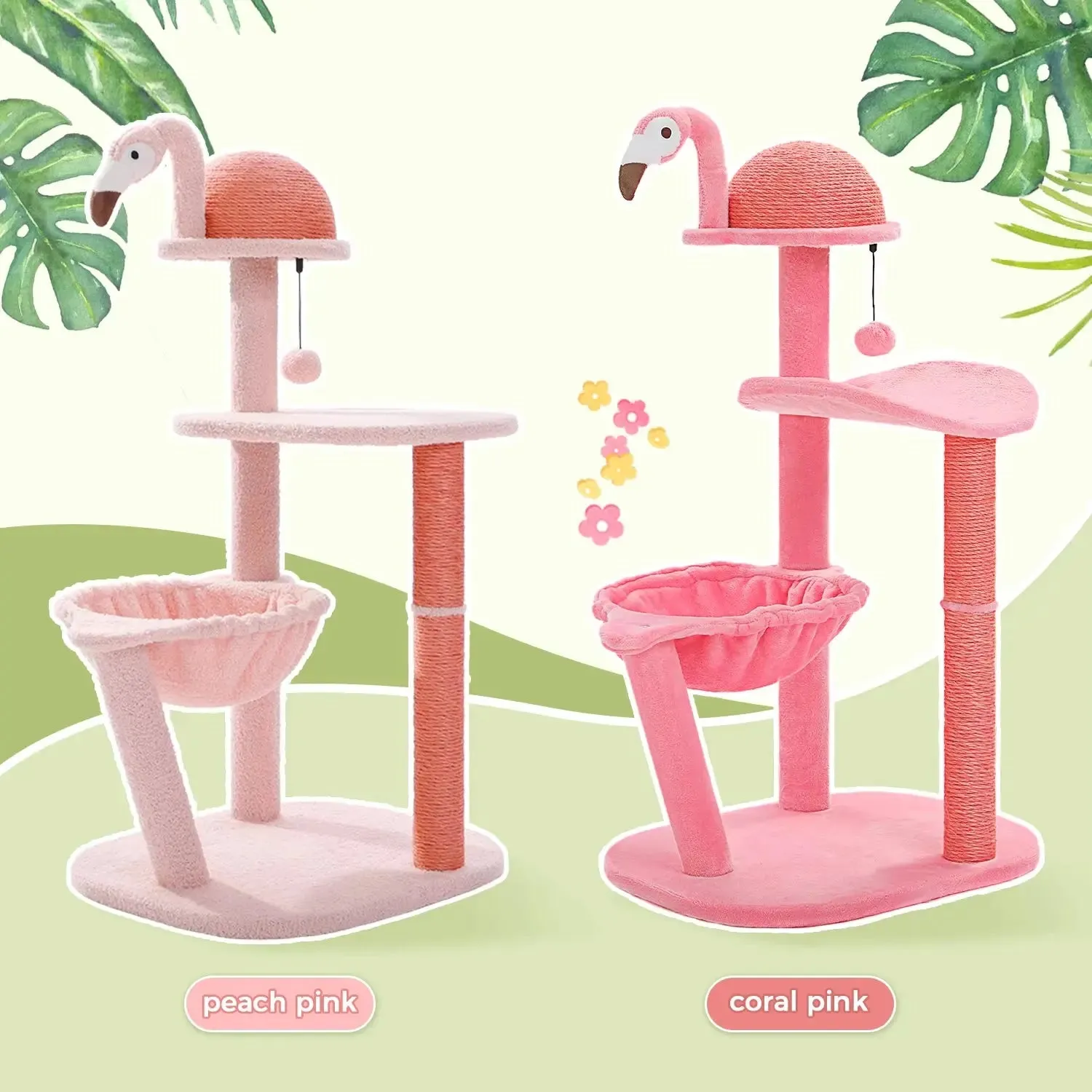 Pink Flamingo Cat Tree Tower, Multi-Level, Scratching Posts, Hammock, Perch, Small to Medium Cats, Toy