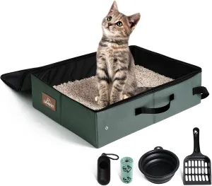 Portable Litter Box with Lid, Leak-Proof Collapsible Cat Litter Box Great for Travel Hotel Stays and Road Trip 16x12x4.3 Inches