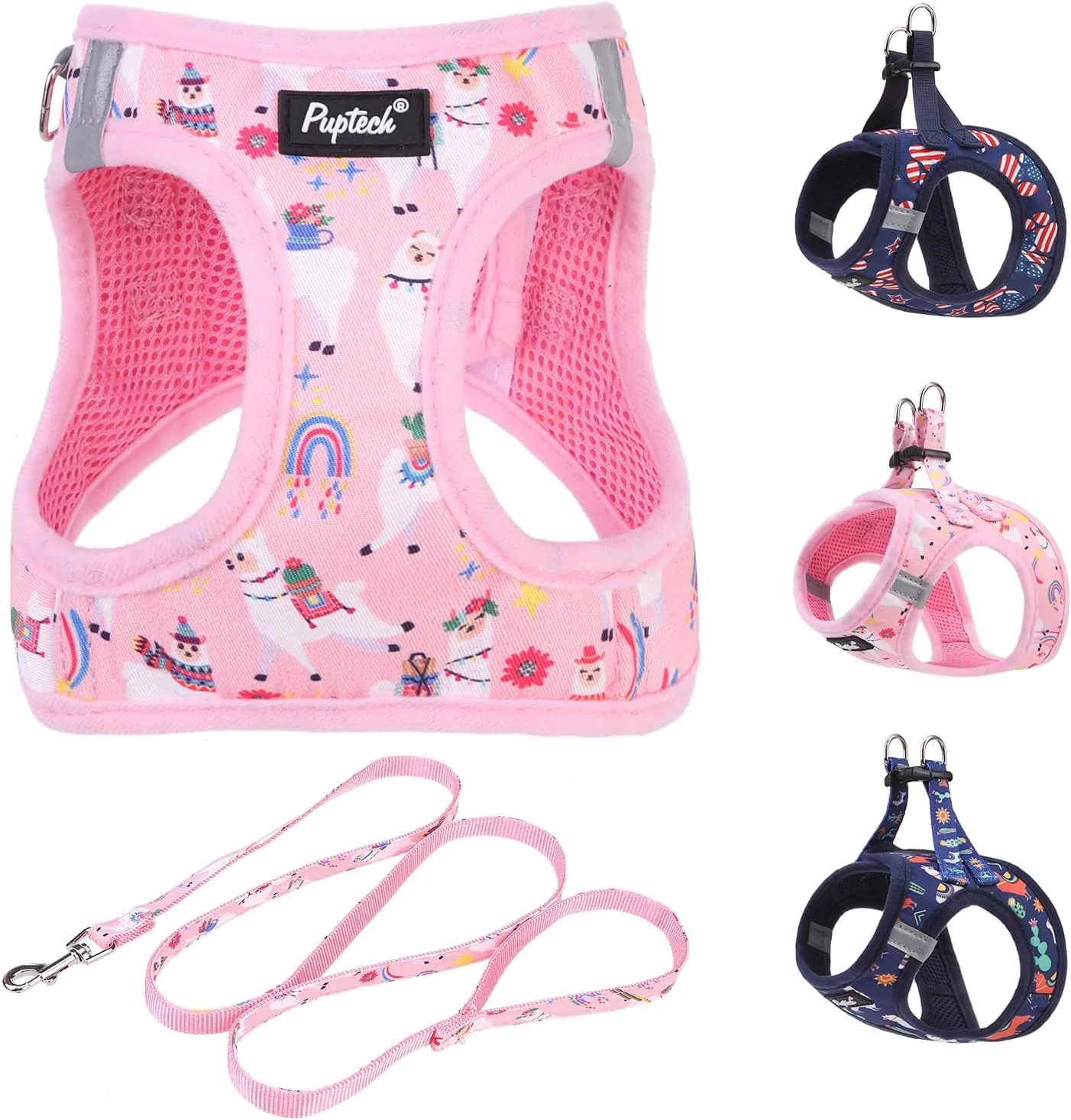 PUPTECK Dog Harness and Leash Set for Small Medium Dogs No Pull Step-in Soft Mesh Puppy Cat Vest Harnesses Reflective at Night, LightPink Print, S