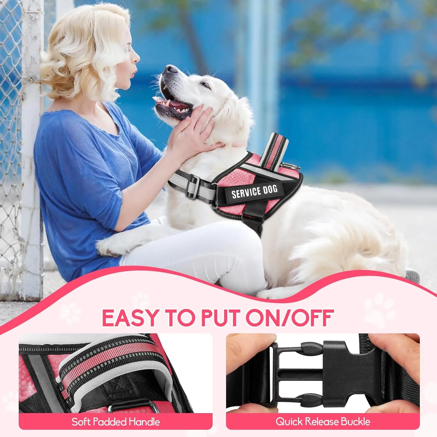 Service Dog Vest Harness and Leash Set, Animire in Training Dog Harness with 10 Dog Patches, Reflective Dog Leash with Soft Padded Handle for Small, Medium, Large, and Extra-Large Dogs (Rosy,S)
