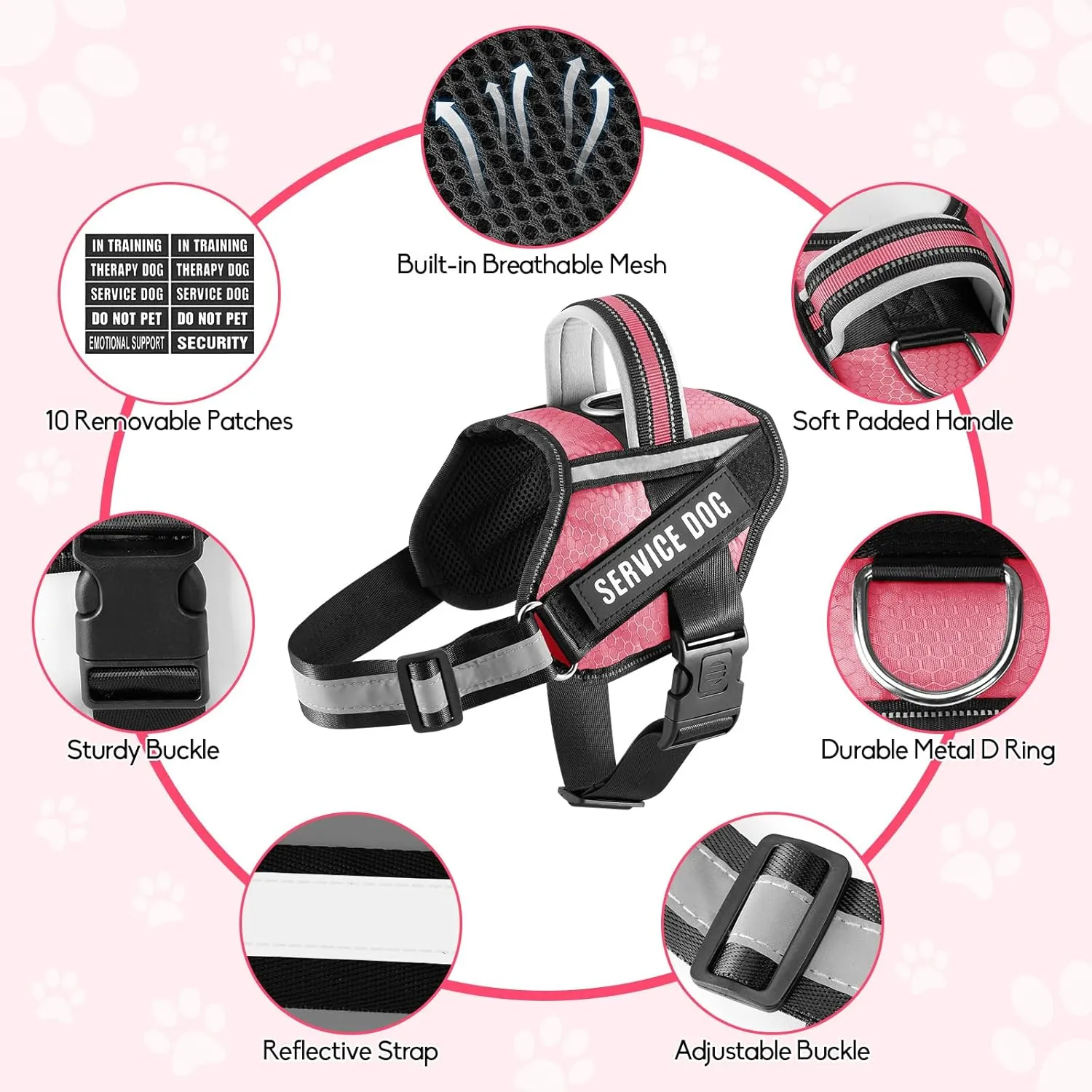 Service Dog Vest Harness and Leash Set, Animire in Training Dog Harness with 10 Dog Patches, Reflective Dog Leash with Soft Padded Handle for Small, Medium, Large, and Extra-Large Dogs (Rosy,S)
