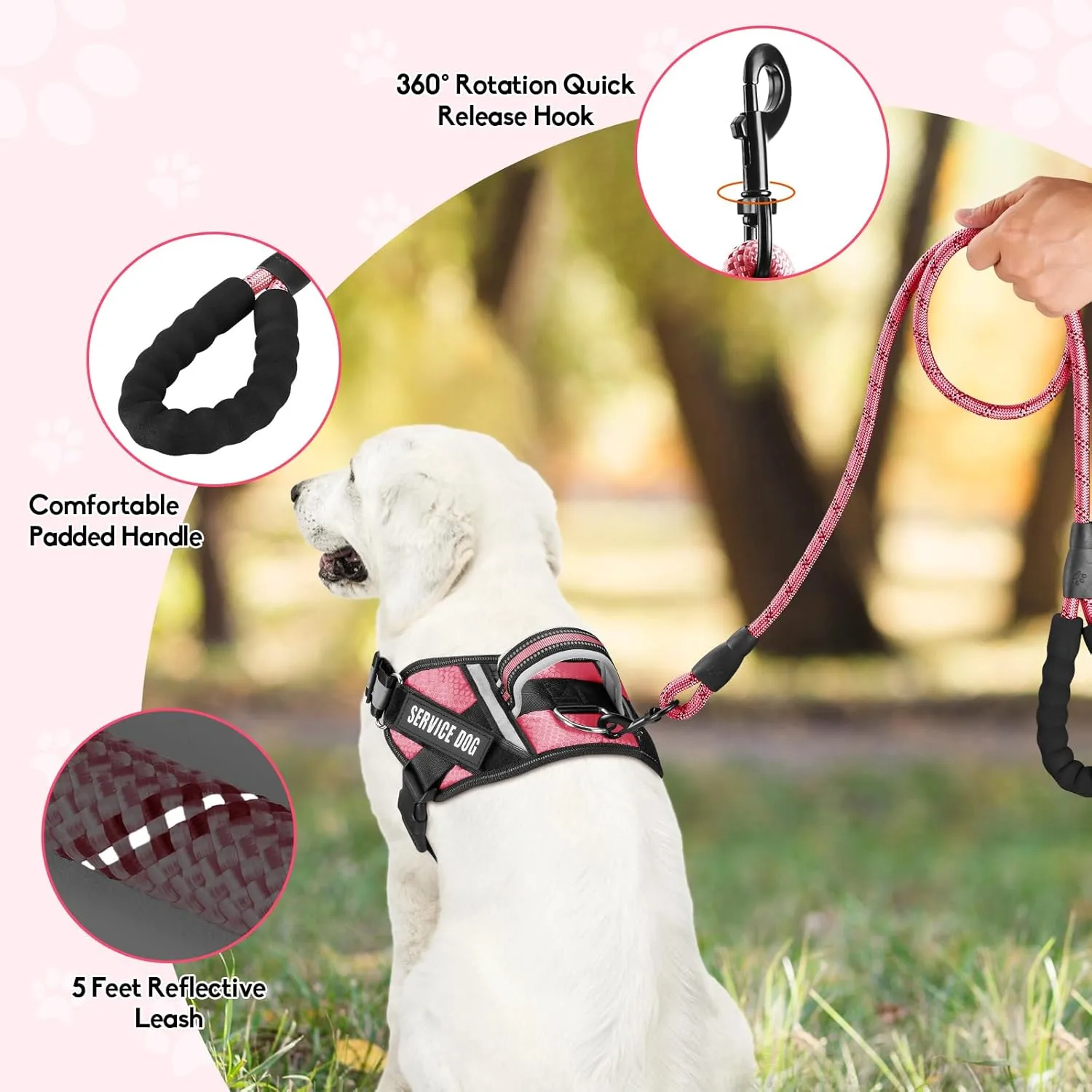 Service Dog Vest Harness and Leash Set, Animire in Training Dog Harness with 10 Dog Patches, Reflective Dog Leash with Soft Padded Handle for Small, Medium, Large, and Extra-Large Dogs (Rosy,S)