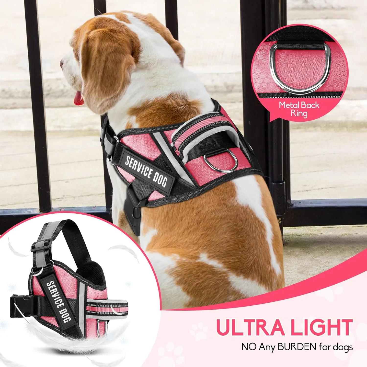 Service Dog Vest Harness and Leash Set, Animire in Training Dog Harness with 10 Dog Patches, Reflective Dog Leash with Soft Padded Handle for Small, Medium, Large, and Extra-Large Dogs (Rosy,S)
