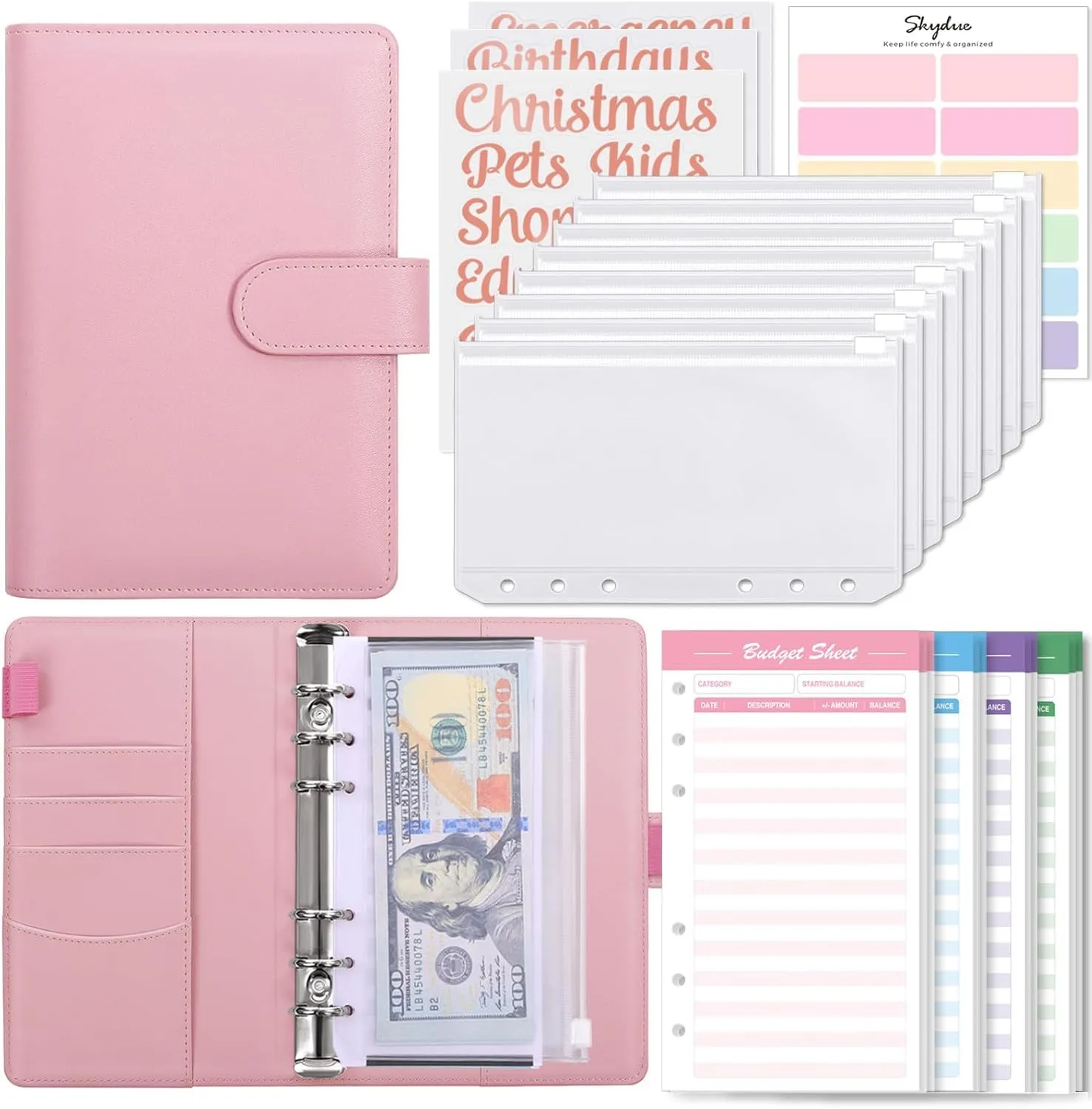 SKYDUE Budget Binder with 8pcs Zipper Envelopes,Money Organizer with 12pcs Expense Sheets & 24 Rose Gold Sticky Labels,Budget Organizer for Cash