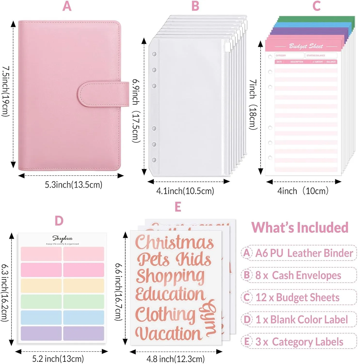 SKYDUE Budget Binder with 8pcs Zipper Envelopes,Money Organizer with 12pcs Expense Sheets & 24 Rose Gold Sticky Labels,Budget Organizer for Cash