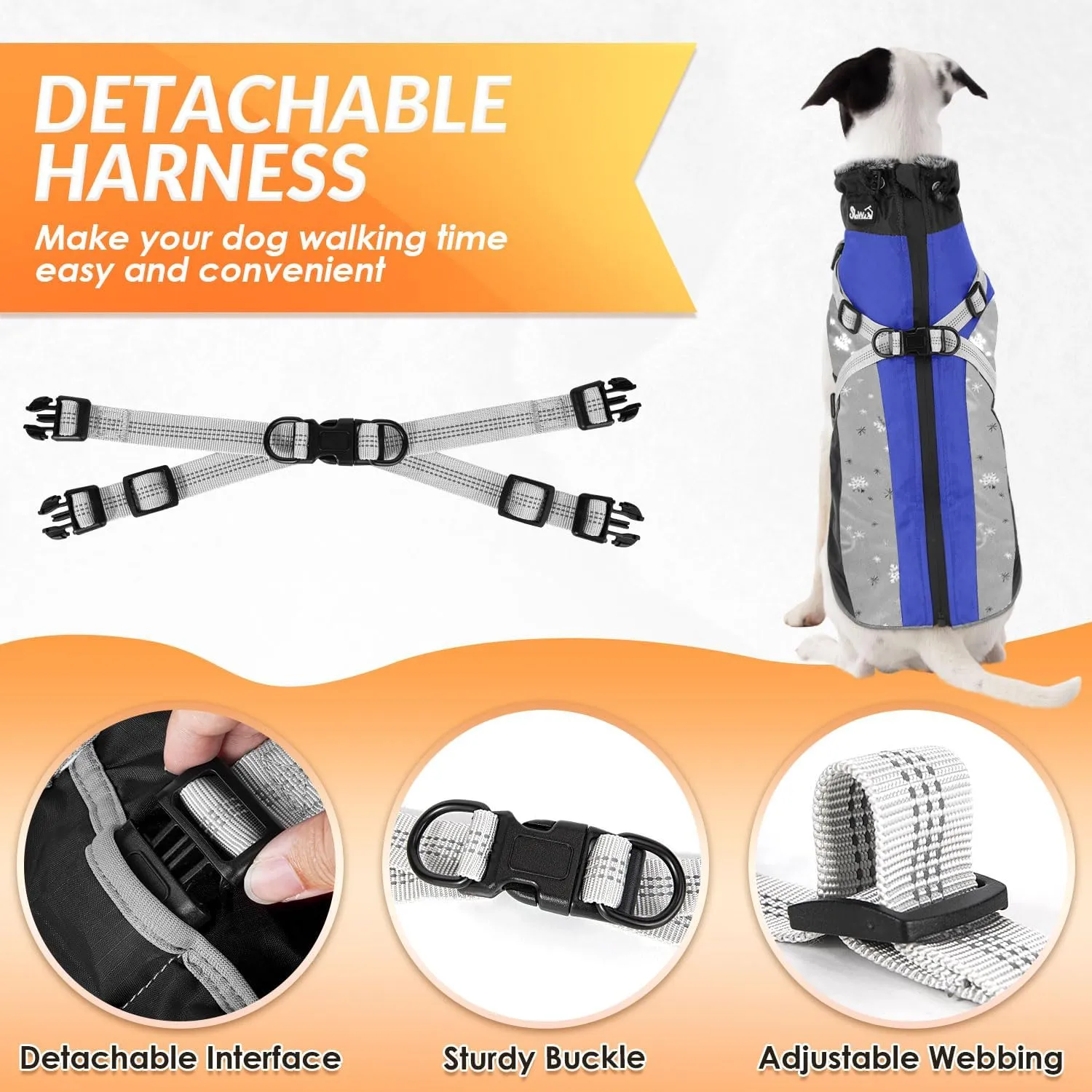 SlowTon Dog Jacket with Harness Built in, Waterproof Fleece Winter Warm Dog Coats for Small Medium Dogs, Reflective Adjustable Furry Puppy Vest Clothes for Outdoor Walking (Blue,Size X-Small)