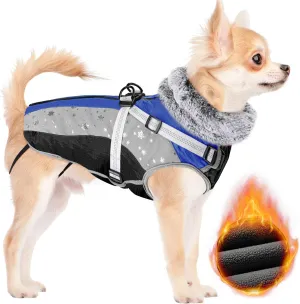 SlowTon Dog Jacket with Harness Built in, Waterproof Fleece Winter Warm Dog Coats for Small Medium Dogs, Reflective Adjustable Furry Puppy Vest Clothes for Outdoor Walking (Blue,Size X-Small)