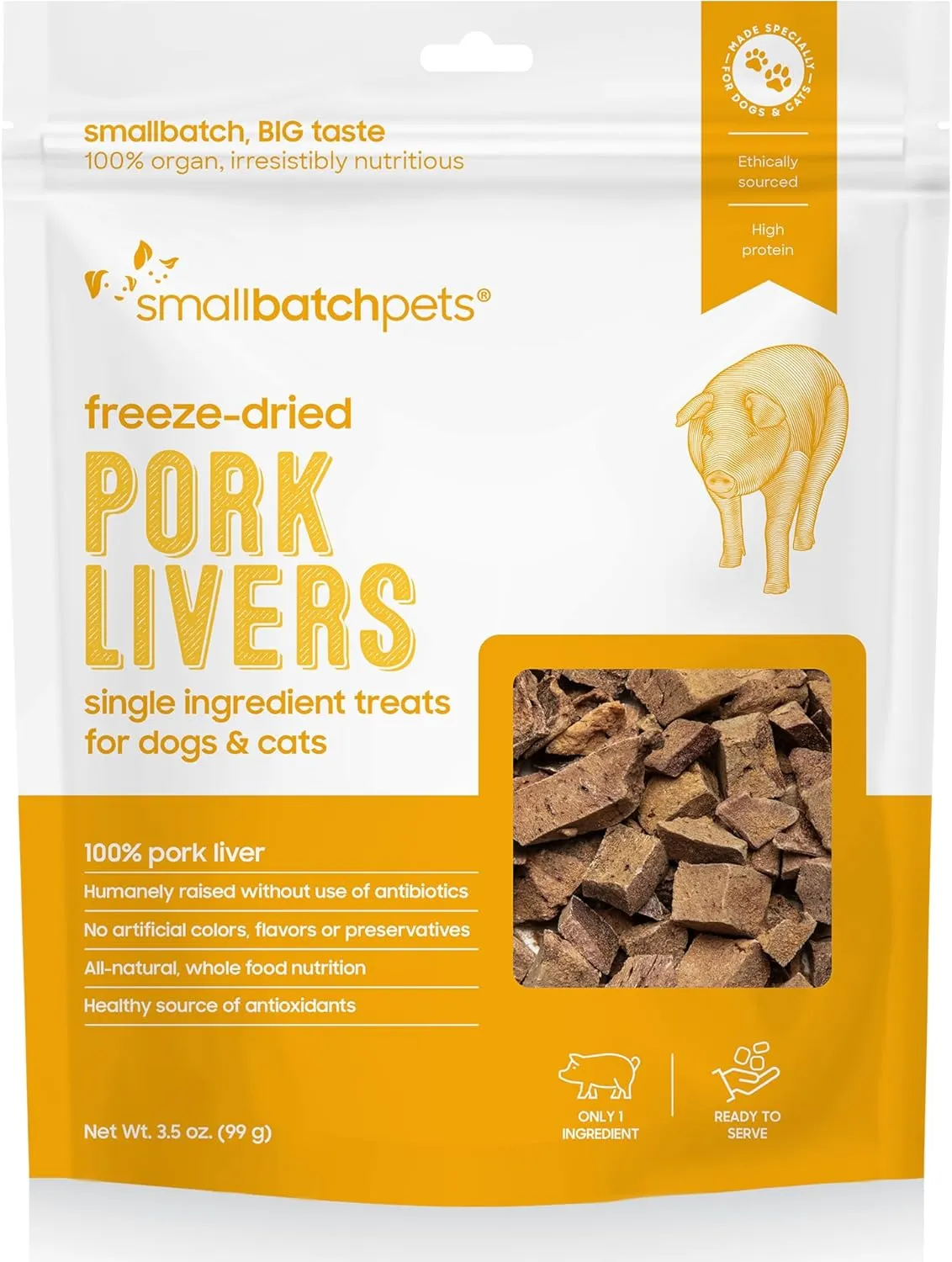 smallbatch Freeze-Dried Liver Treats for Dogs & Cats  Single-Ingredient, Protein-Rich, All-Natural Snacks  100% Humanely Sourced  No Additives or Preservatives  (3.5 oz, Pork)