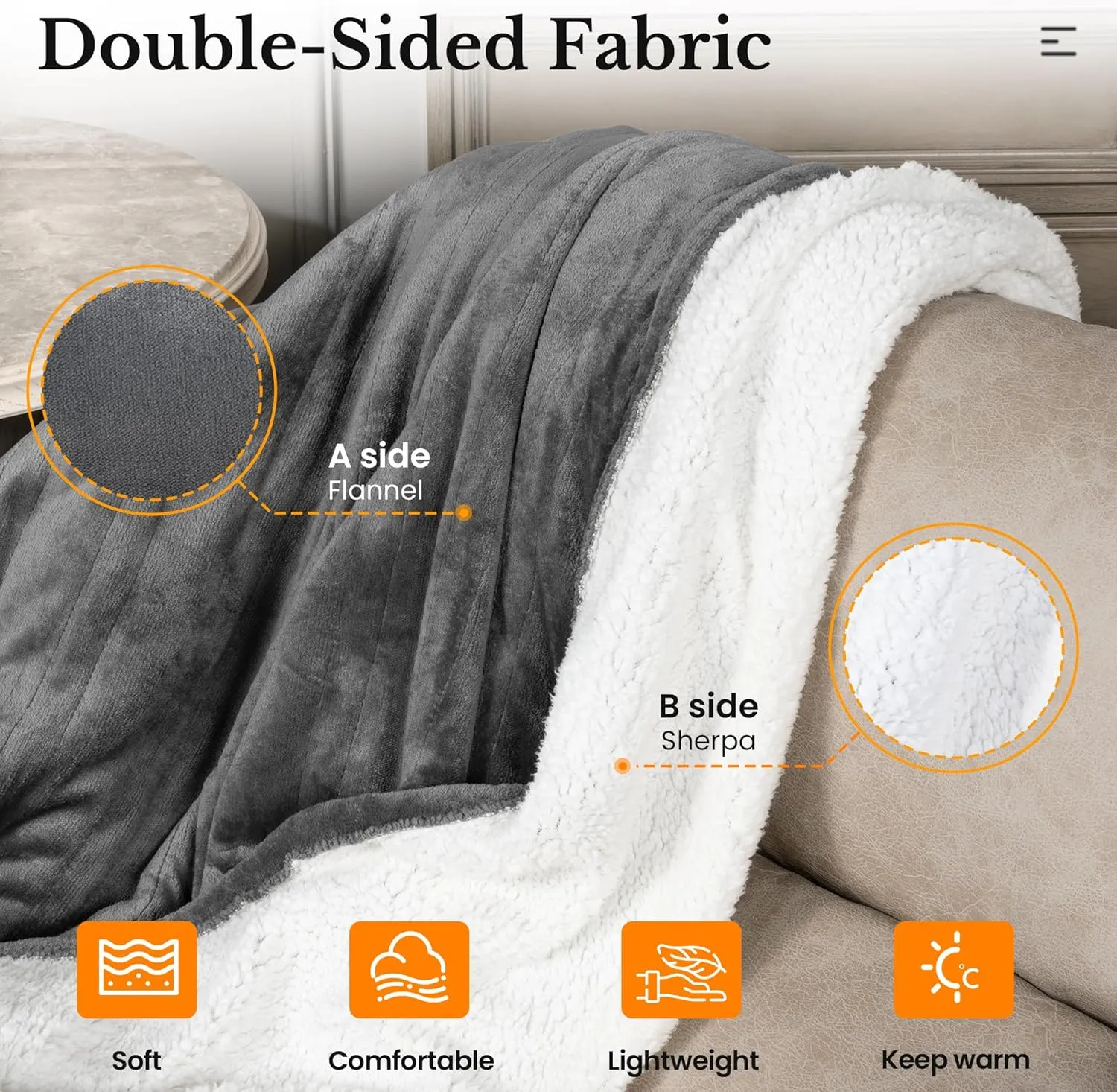 Sunvivi Heated Blanket King Size, Electric Throw Dual Control, 5 Years Warranty, 10 Heat Settings, 12 Hours Auto Off, Soft Flannel and Sherpa, Machine Washable, ETL Certified, Grey