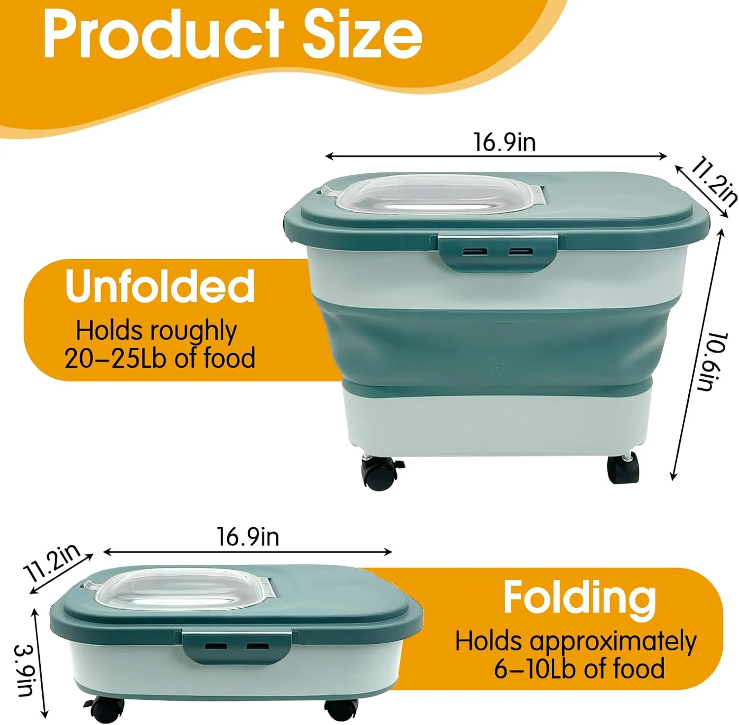 VCEPJH Collapsible Dog Food Storage Container 20 Lb Pet Food Storage with Wheel Scoop Measuring Cup Airtight Cat Food Containers Dry Food Sealed Bucket Kitchen Rice Cereal Flour Holder Bin (DG)