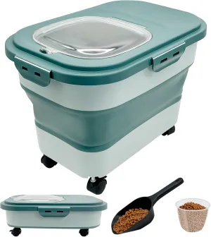 VCEPJH Collapsible Dog Food Storage Container 20 Lb Pet Food Storage with Wheel Scoop Measuring Cup Airtight Cat Food Containers Dry Food Sealed Bucket Kitchen Rice Cereal Flour Holder Bin (DG)