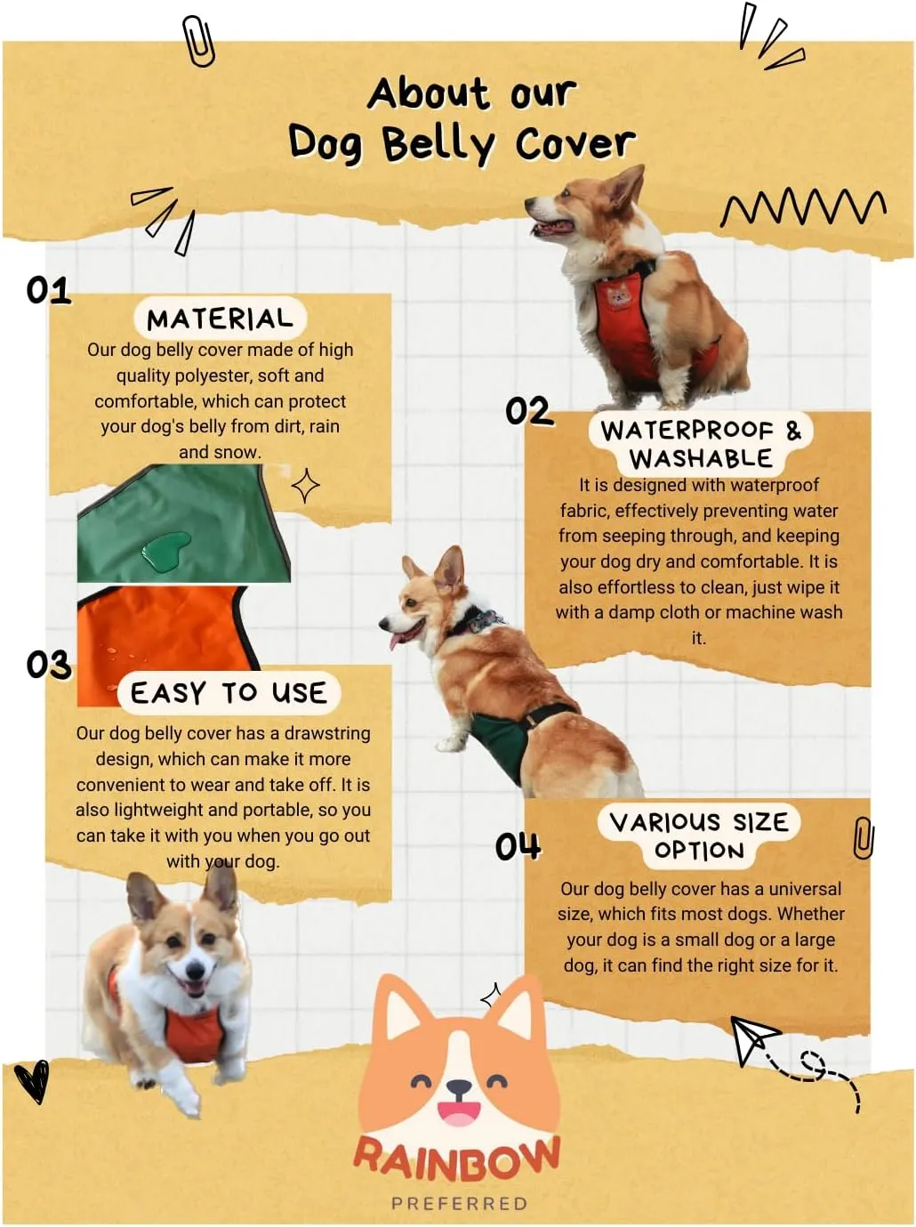Waterproof Dog Belly Cover, Dog Apron, Washable, Easy to Use & Clean. Pet Costume for Short Leg Dogs Small Puppy & Corgi