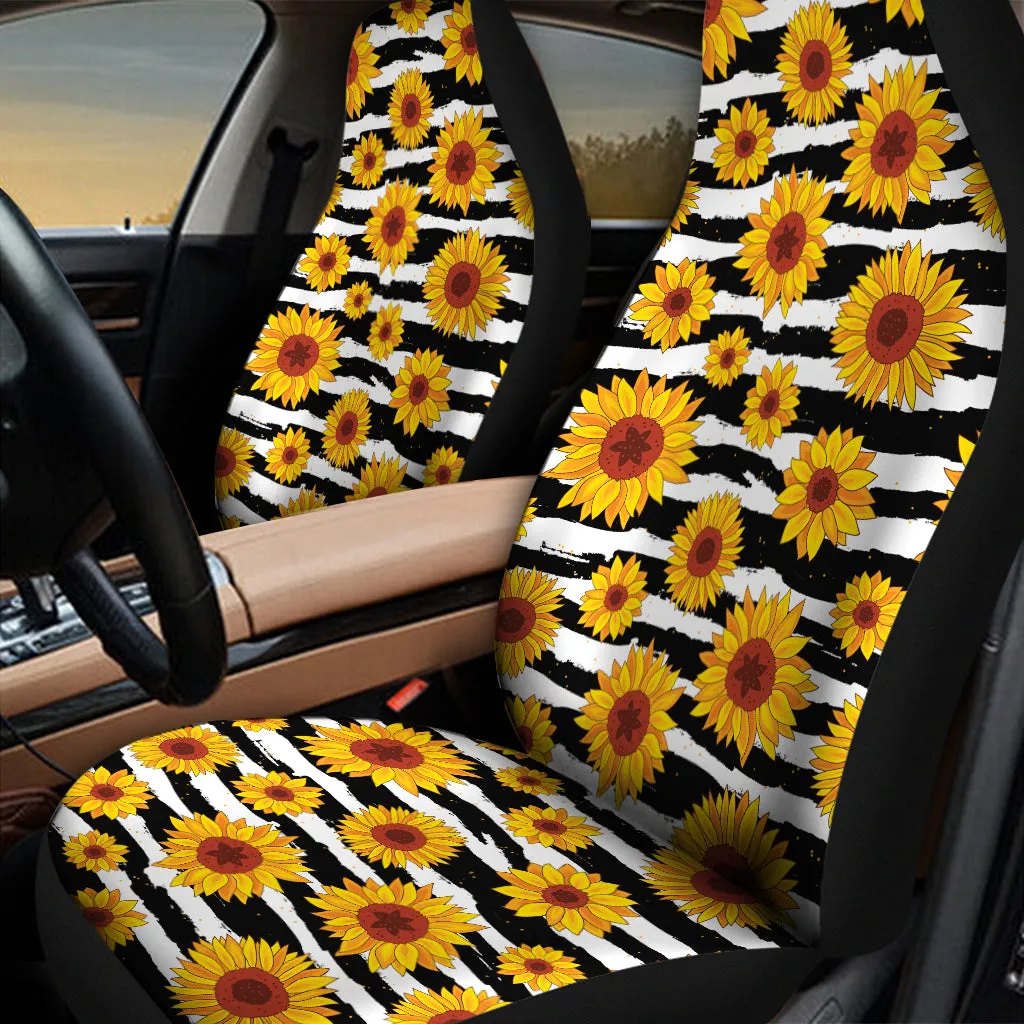 White And Black Stripe Sunflower Print Universal Fit Car Seat Covers