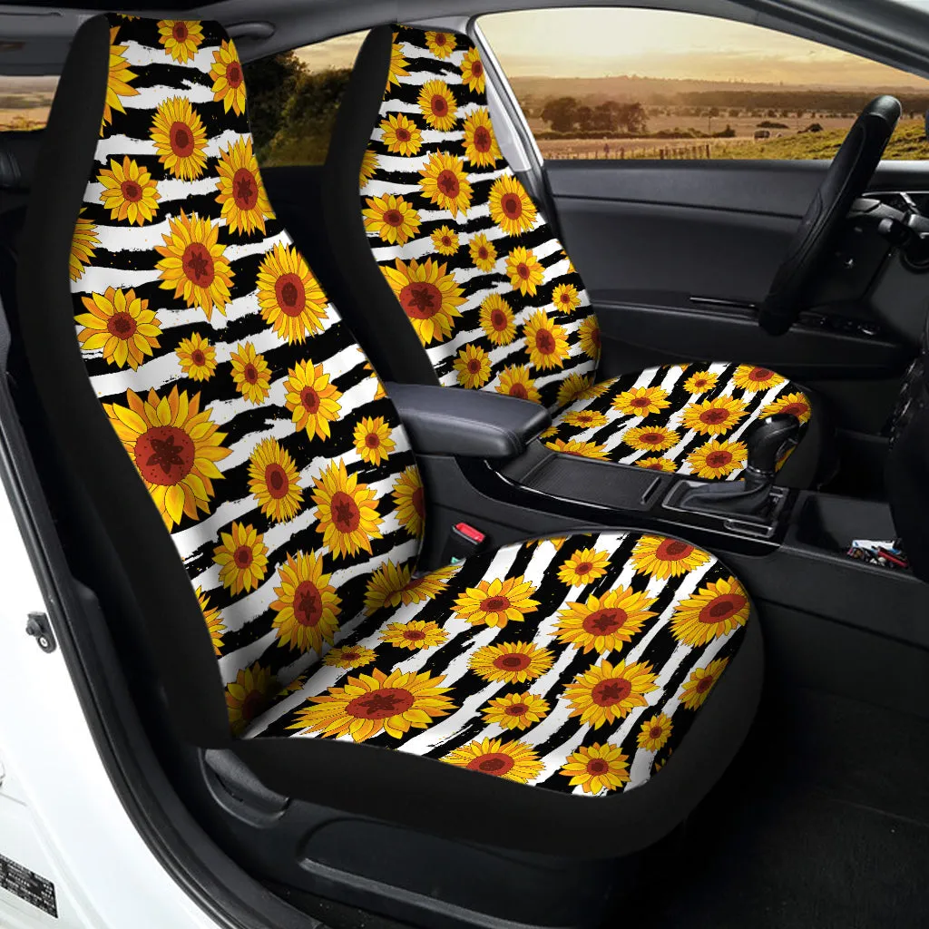 White And Black Stripe Sunflower Print Universal Fit Car Seat Covers