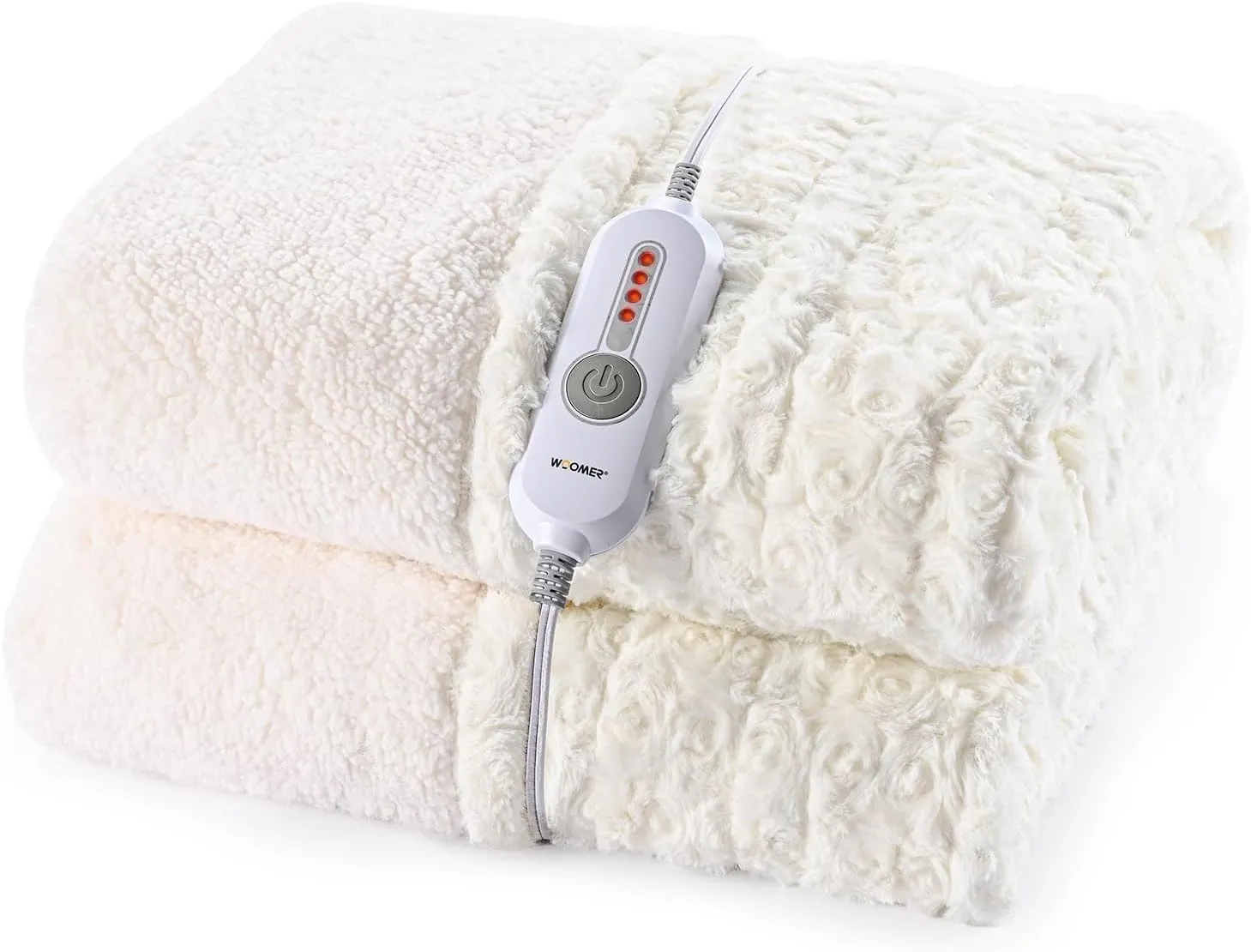 WOOMER Electric Heated Throw 50x 60 [Spring Blossom Collection], Eco-Friendly Flower Patterns Faux Fur & Soft Sherpa, 4 Heating Levels & 4H Auto Off, ETL Certified, Machine Washable, White