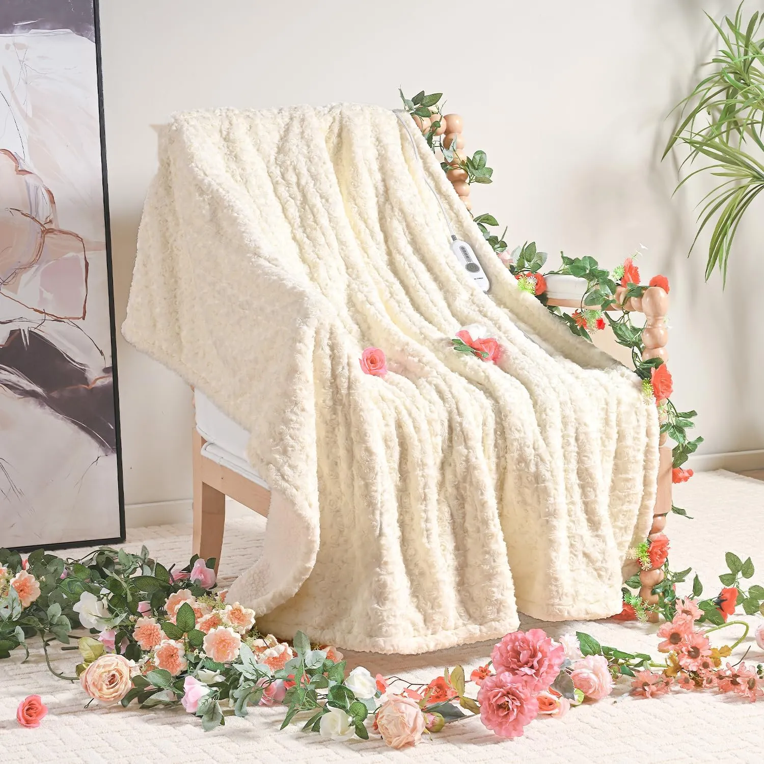 WOOMER Electric Heated Throw 50x 60 [Spring Blossom Collection], Eco-Friendly Flower Patterns Faux Fur & Soft Sherpa, 4 Heating Levels & 4H Auto Off, ETL Certified, Machine Washable, White