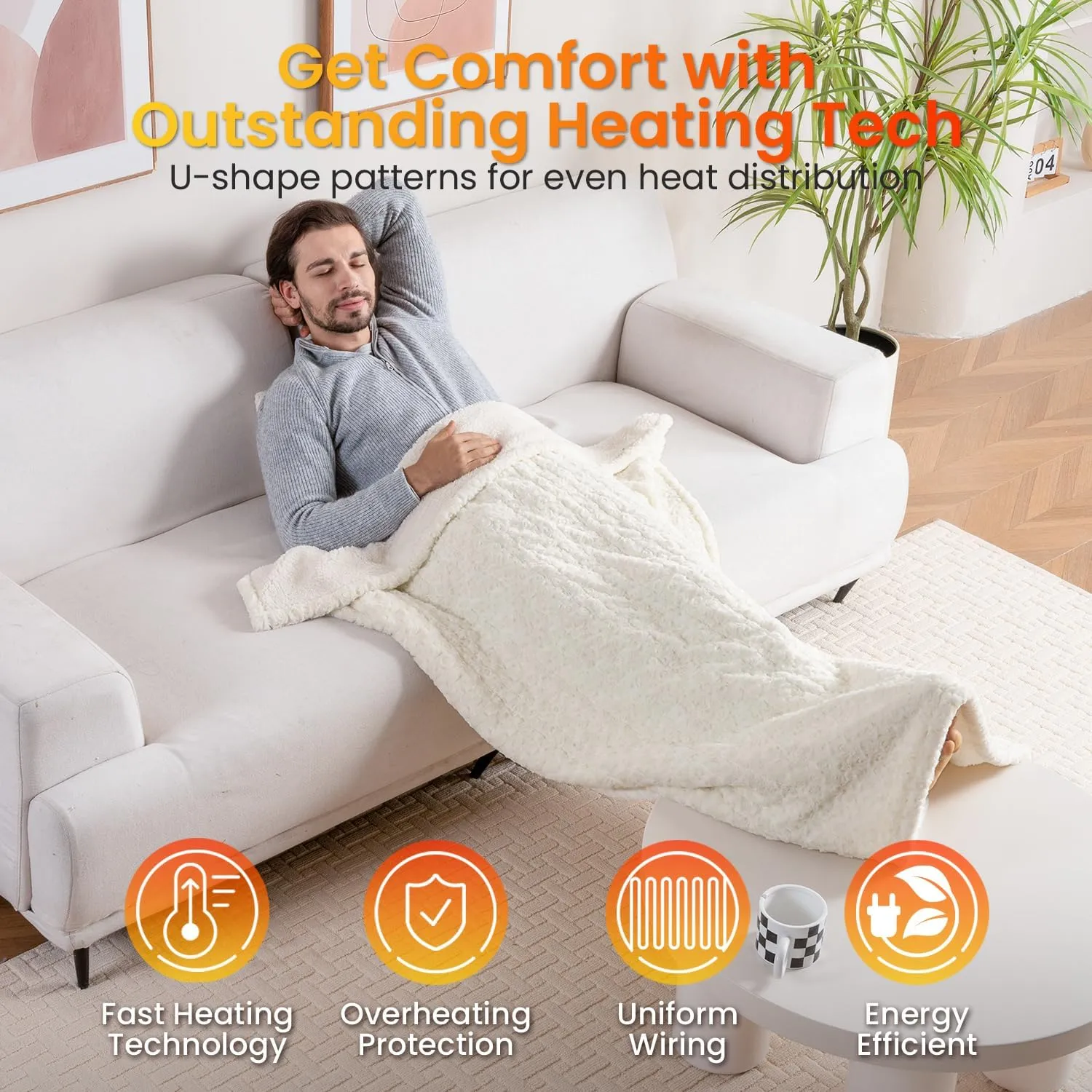 WOOMER Electric Heated Throw 50x 60 [Spring Blossom Collection], Eco-Friendly Flower Patterns Faux Fur & Soft Sherpa, 4 Heating Levels & 4H Auto Off, ETL Certified, Machine Washable, White