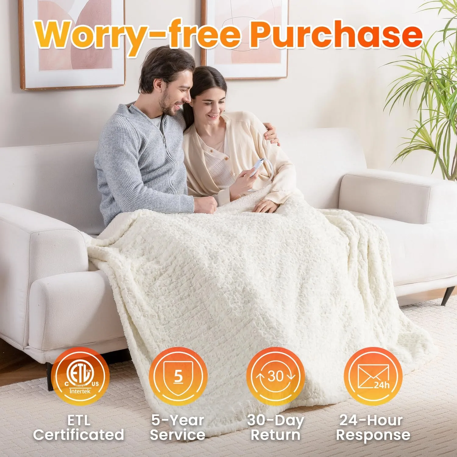 WOOMER Electric Heated Throw 50x 60 [Spring Blossom Collection], Eco-Friendly Flower Patterns Faux Fur & Soft Sherpa, 4 Heating Levels & 4H Auto Off, ETL Certified, Machine Washable, White